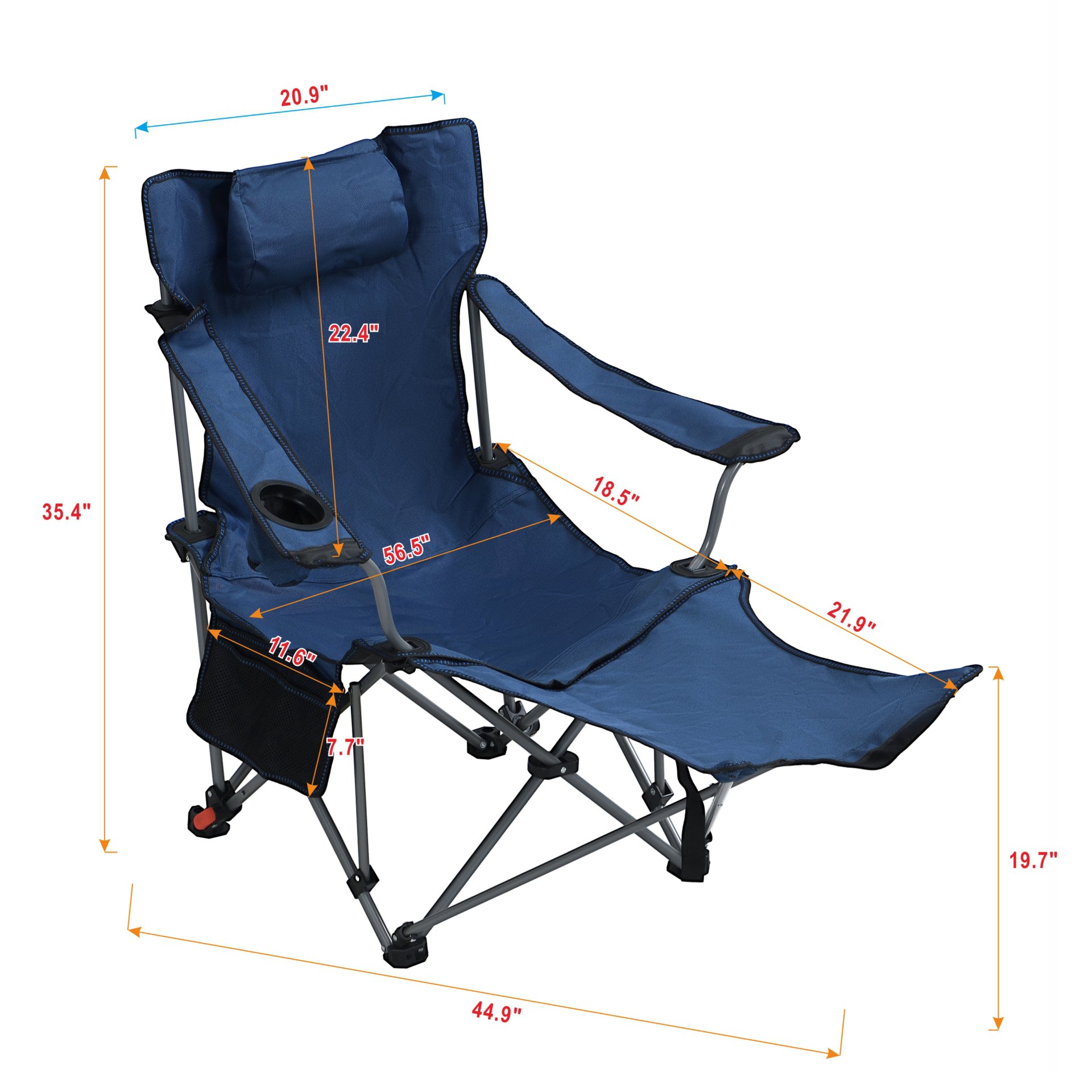 Outdoor Camping Chair With 3 Level Reclining, Side Pockets & Cup Holder, Folding With Carry Bag - Dark Blue - Image 3