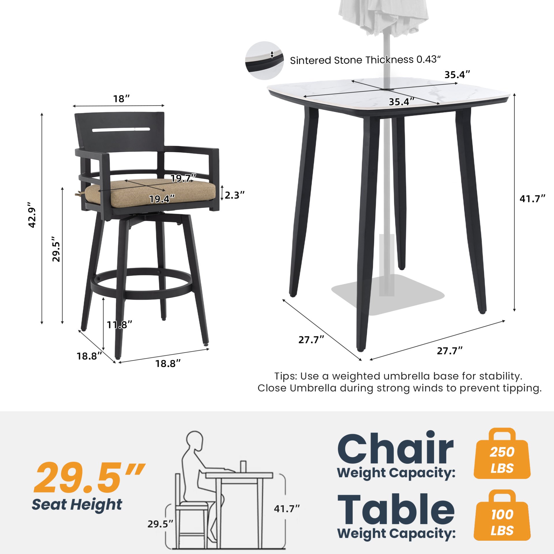 5 Pieces Outdoor Patio Bar Set, Rounded Square Table & 4 Swivel Bar Chairs - Ember Black / Linen Sesame - Image 3