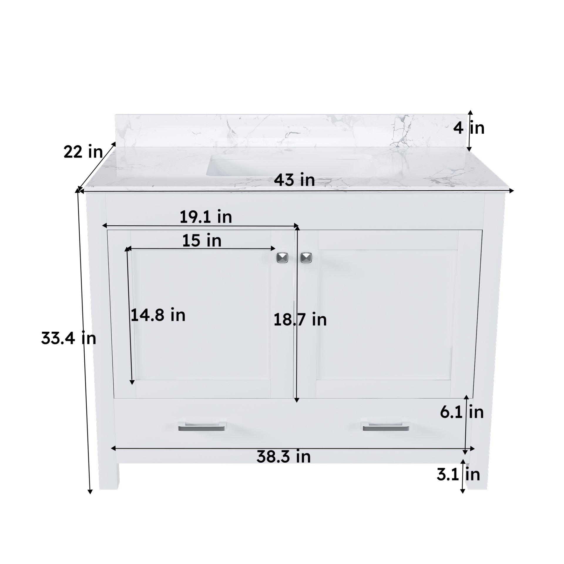 43" Bathroom Vanity With Artificial Marble Carrara Top Set, Multi Functional Cabinet With Doors And Drawer - White - Image 3