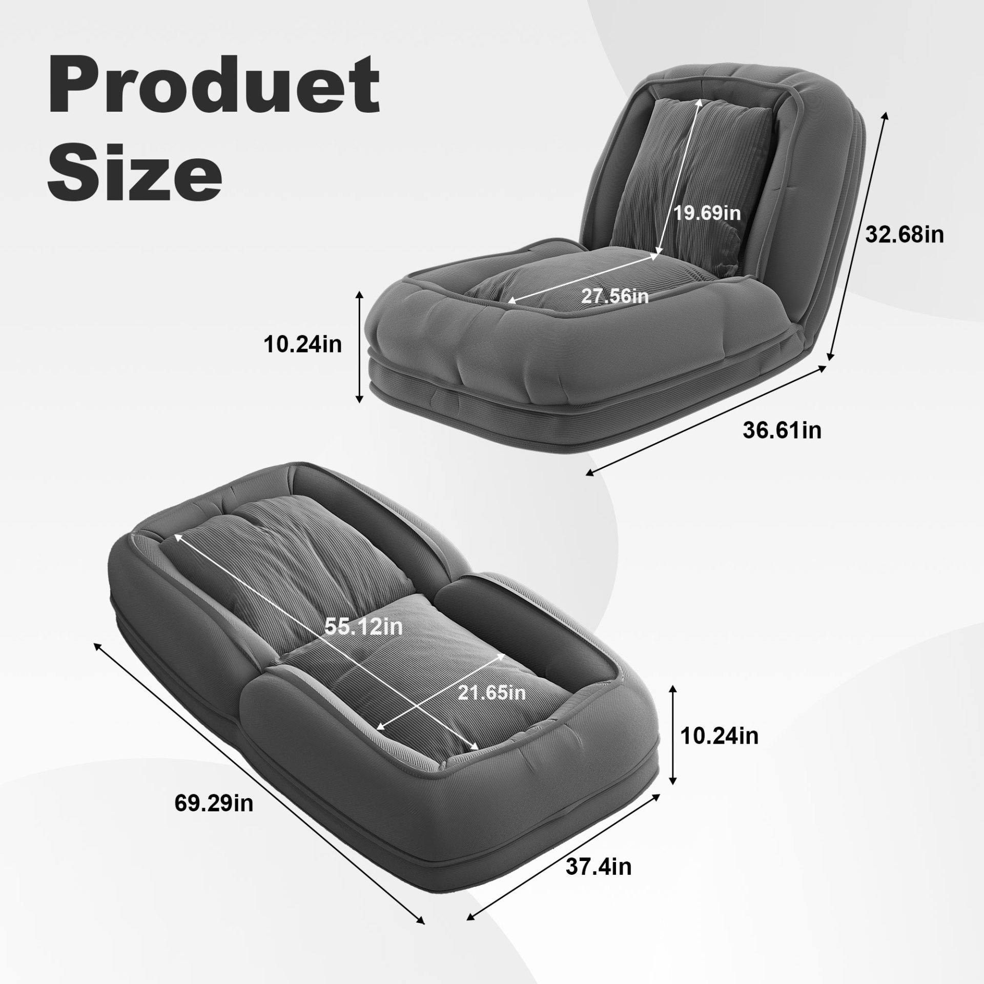 Human Dog Bed, Foldable Lazy Sofa Bed With 5 Adjustable Positions - Gray - Image 3