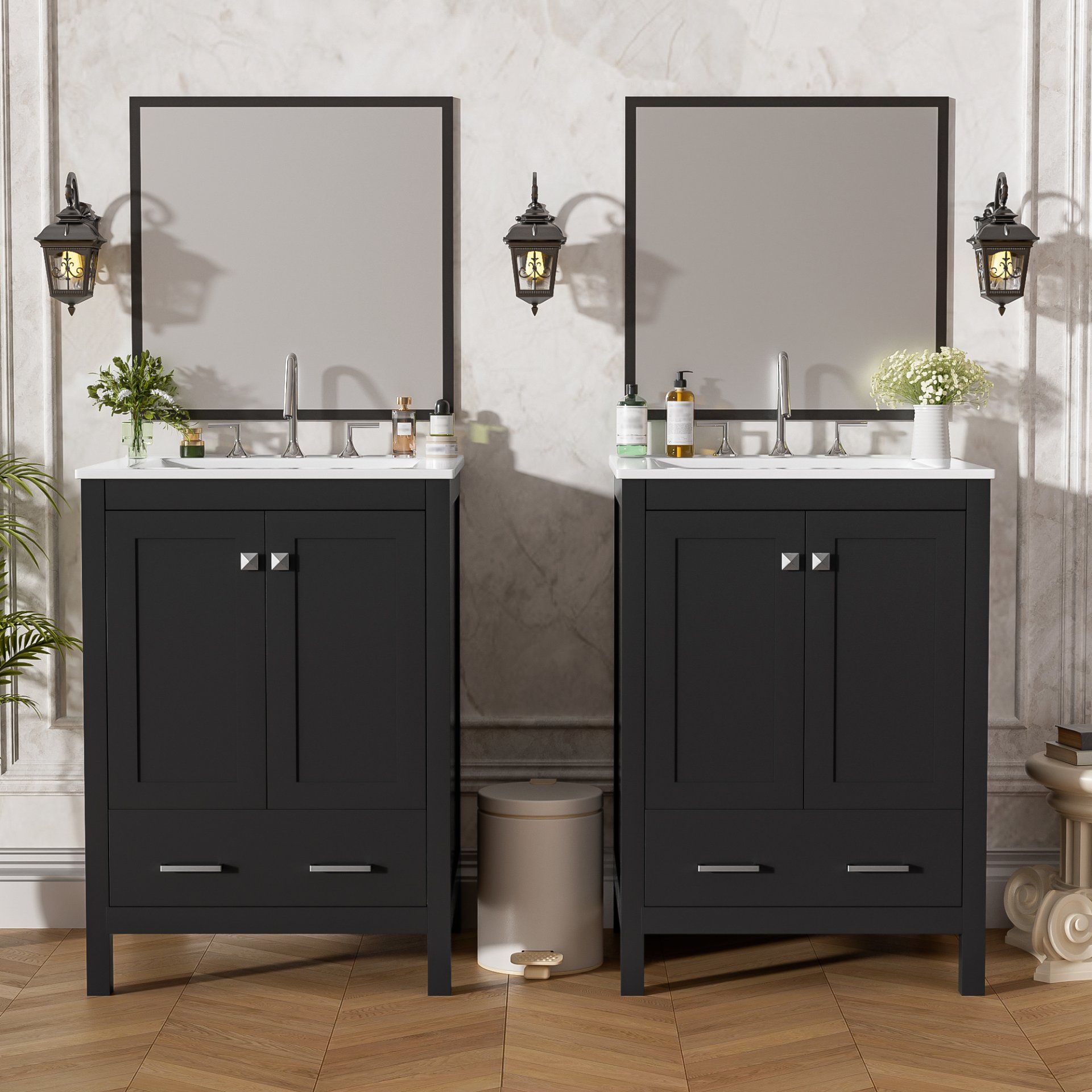 Bathroom Vanity With Integrated Undermount Sinks, Soft Close Doors, Divided Drawer, And Double Layer Door Shelf - Black - Image 5
