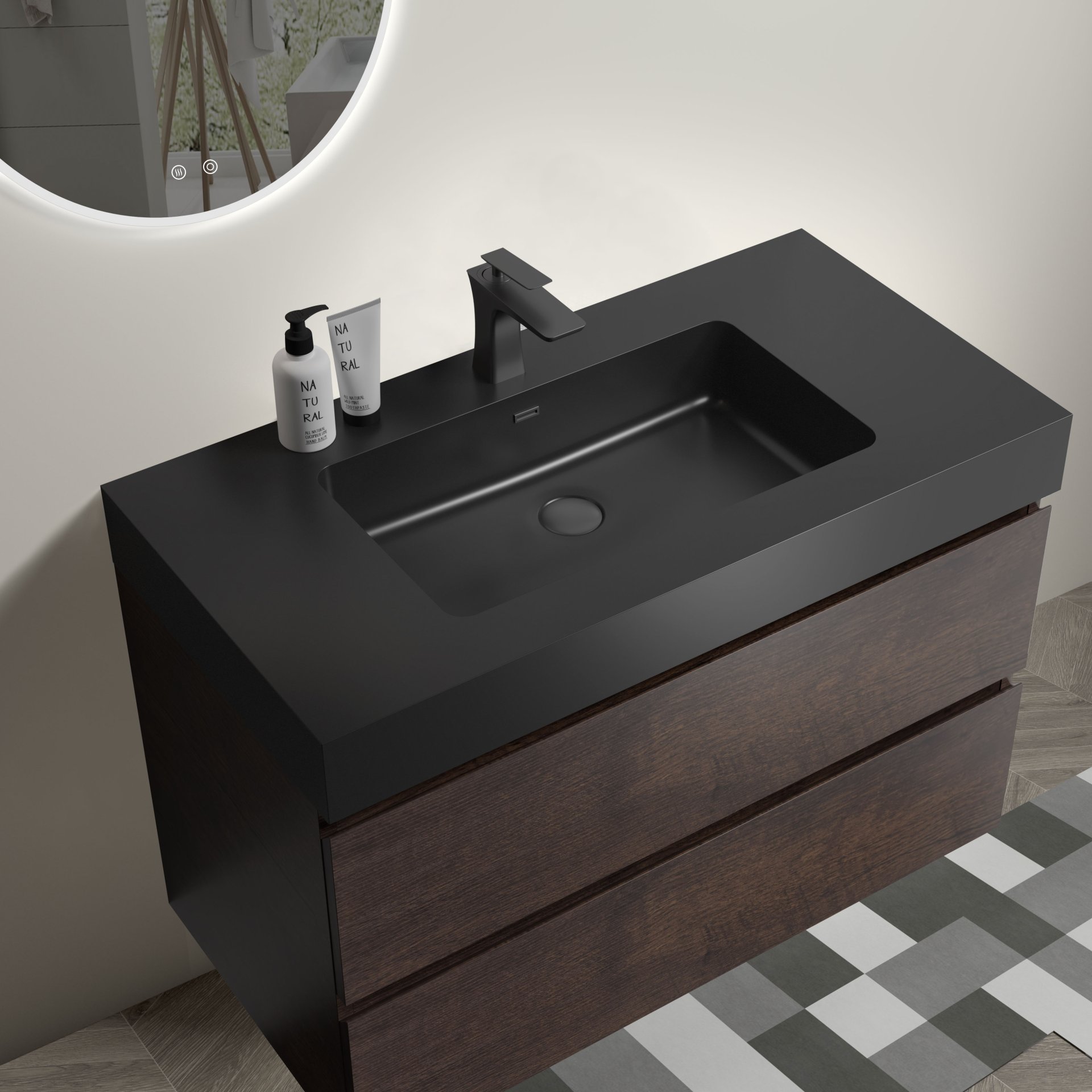 Alice - 36" Bathroom Vanity With Sink, Large Storage Wall Mounted Floating Bathroom Vanity For Modern Bathroom, One-Piece Sink Basin Without Drain And Faucet - Walnut / Black - Image 5