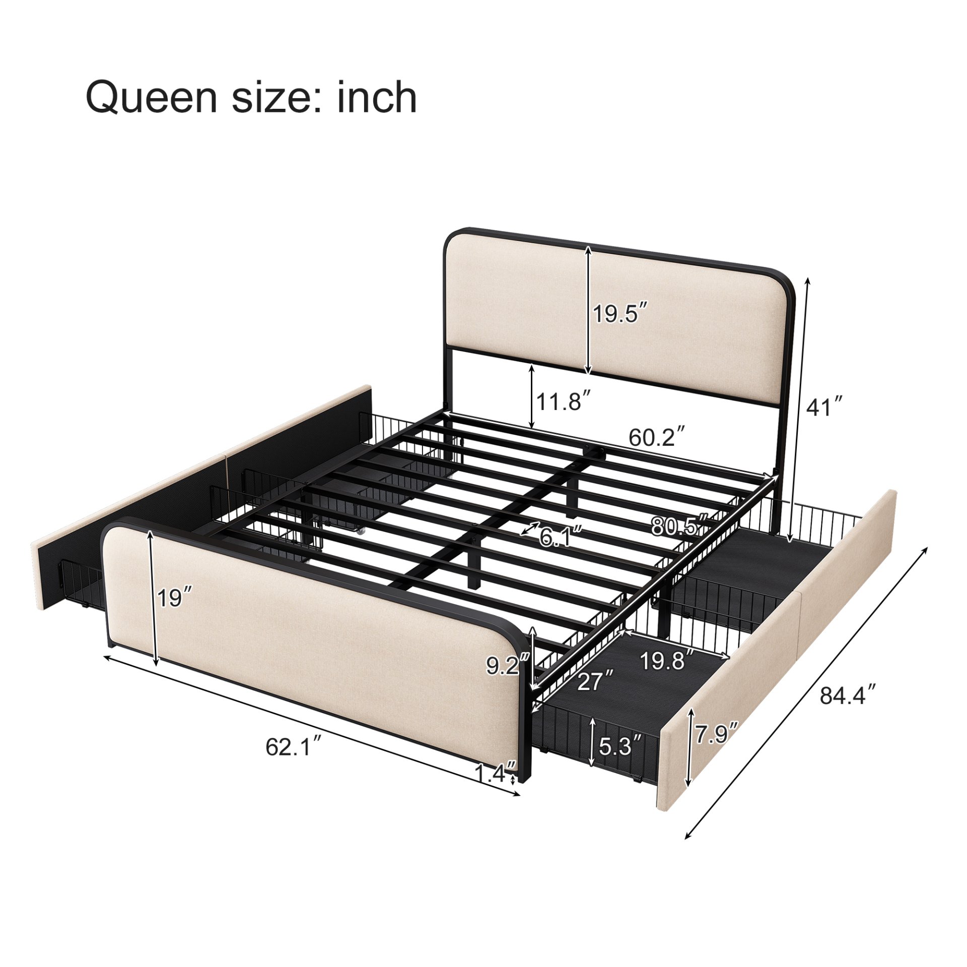 Modern Metal Bed Frame With Curved Upholstered Headboard And Footboard Bed With 4 Storage Drawers, Heavy Duty Metal Slats, Queen Size - Beige - Image 4