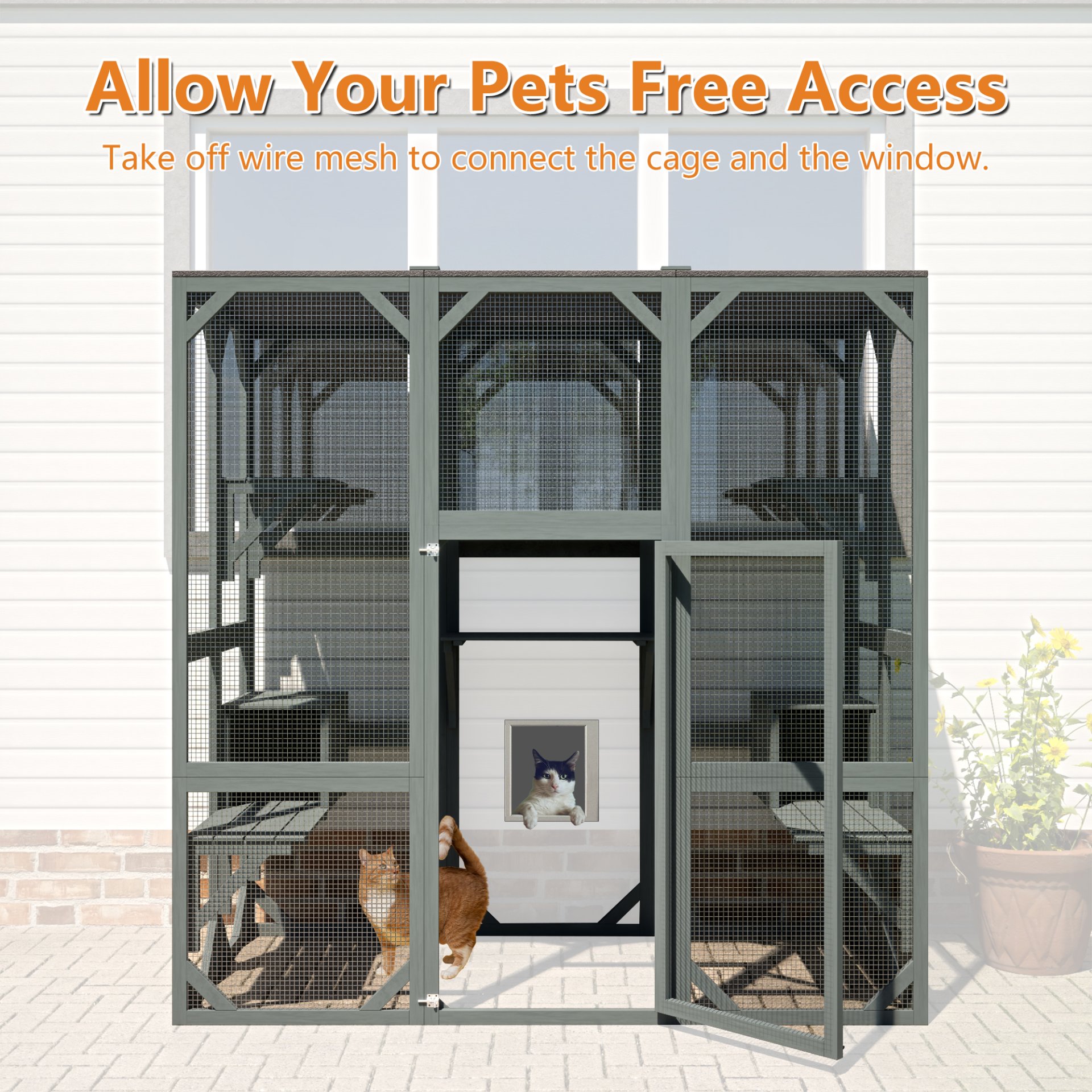 Outdoor Cat House Wooden Catio Enclosure With Cover - Large Cat Cage With Jump Platforms And Condos, Weatherproof - Gray - Image 7