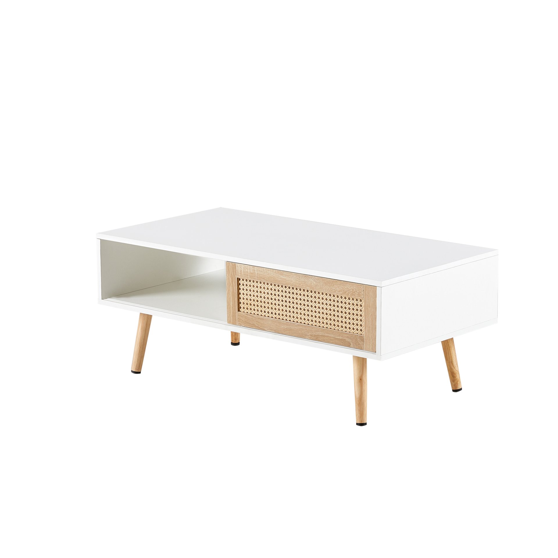 41.34" Rattan Coffee Table, Sliding Door For Storage, Solid Wood Legs, Modern Table For Living Room - White - Image 8