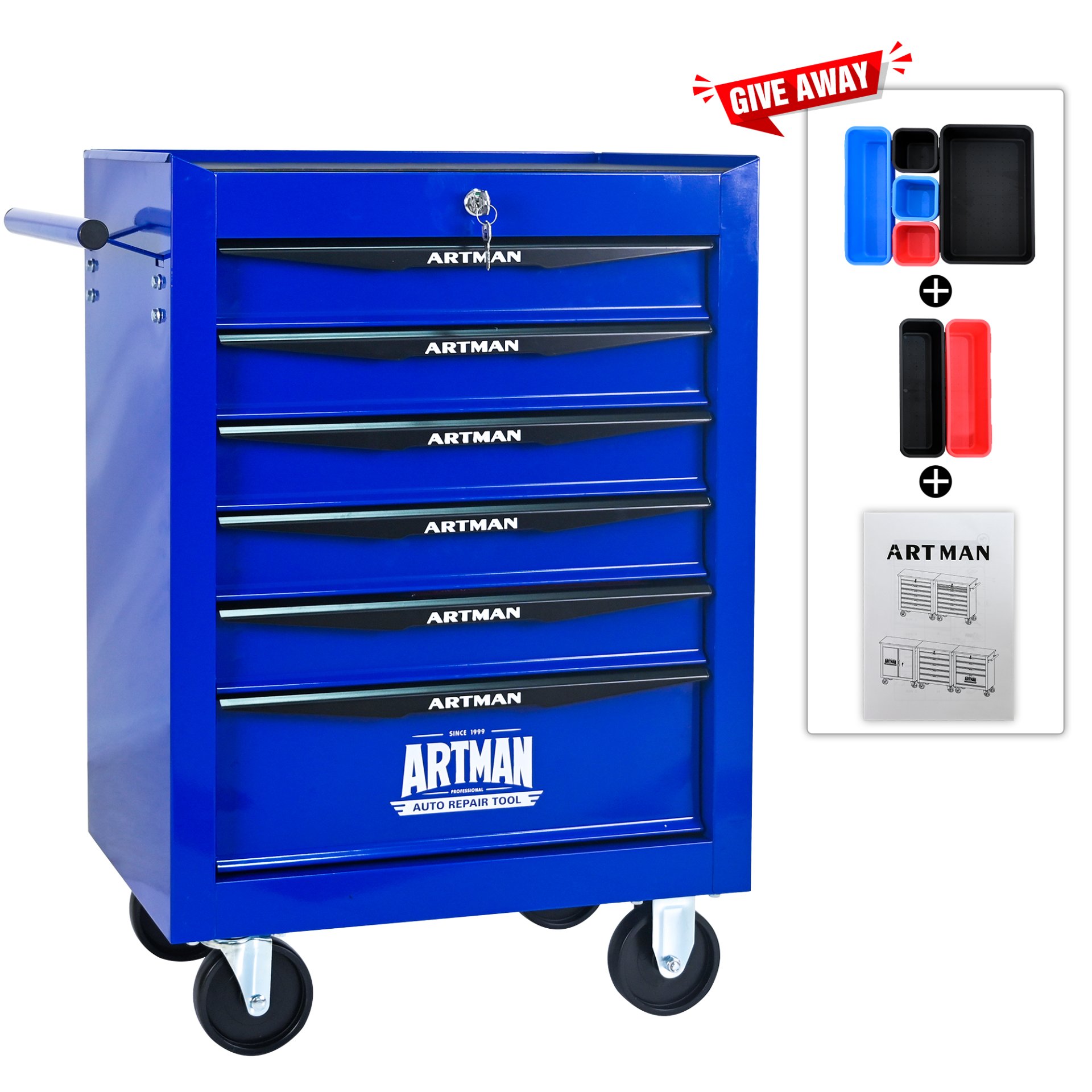 Rolling Metal Tool Chest With 6 Drawers, 20" Steel Storage Cabinet With Ball Bearing Slides - Black / Blue - Image 5