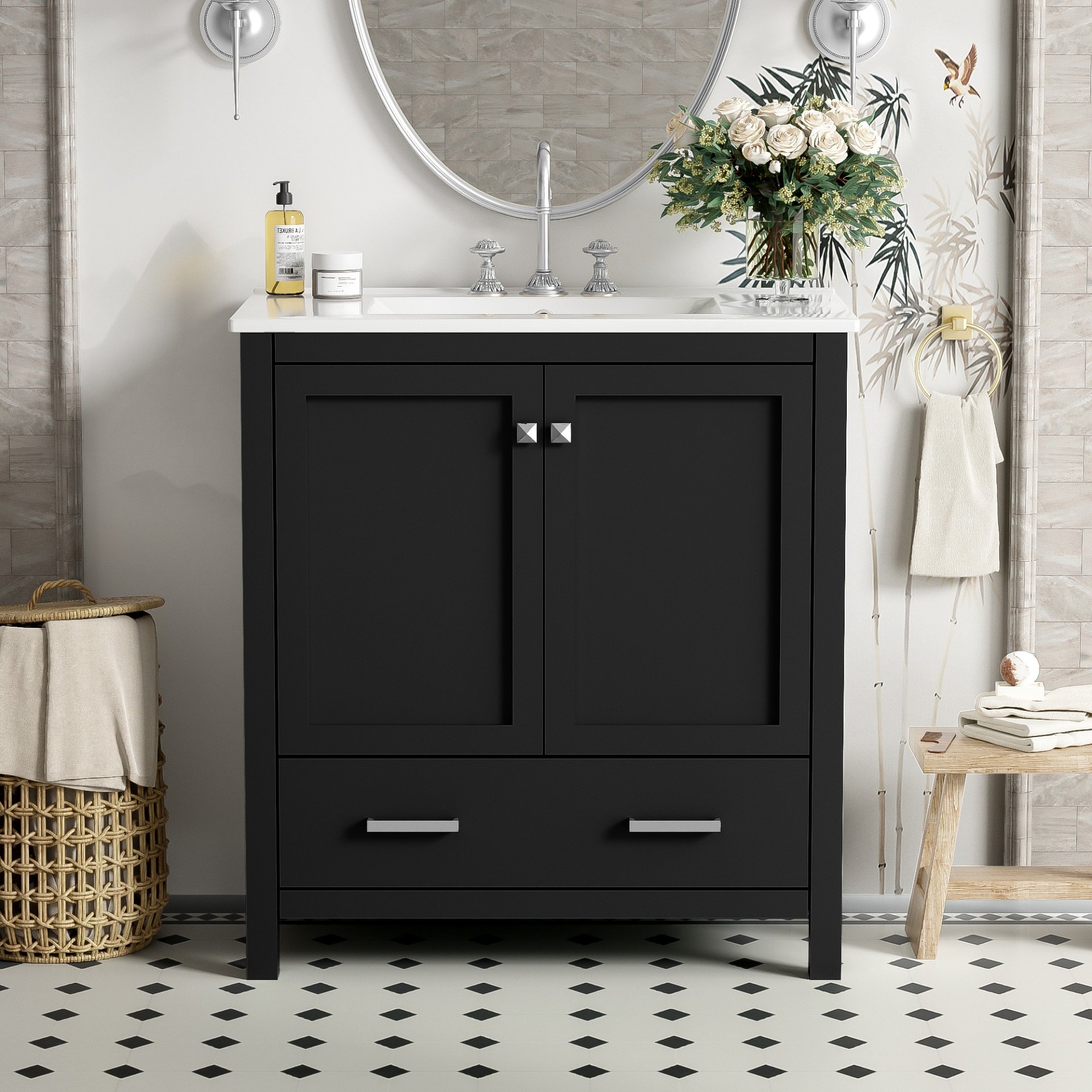Bathroom Vanity With Single Sink, Combo Cabinet Undermount Sink, Bathroom Storage Cabinet With 2 Doors And A Drawer, Soft Closing, Multifunctional Storage, Solid Wood Frame - Black - Image 4