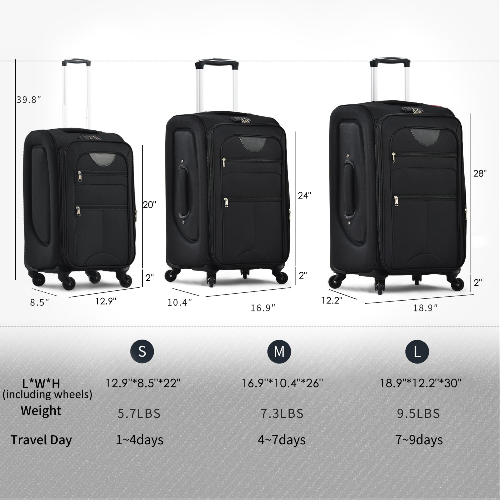 Softside Luggage Expandable 3 Piece Set Suitcase Upright Spinner Softshell Lightweight Luggage Travel Set - Black - Image 22
