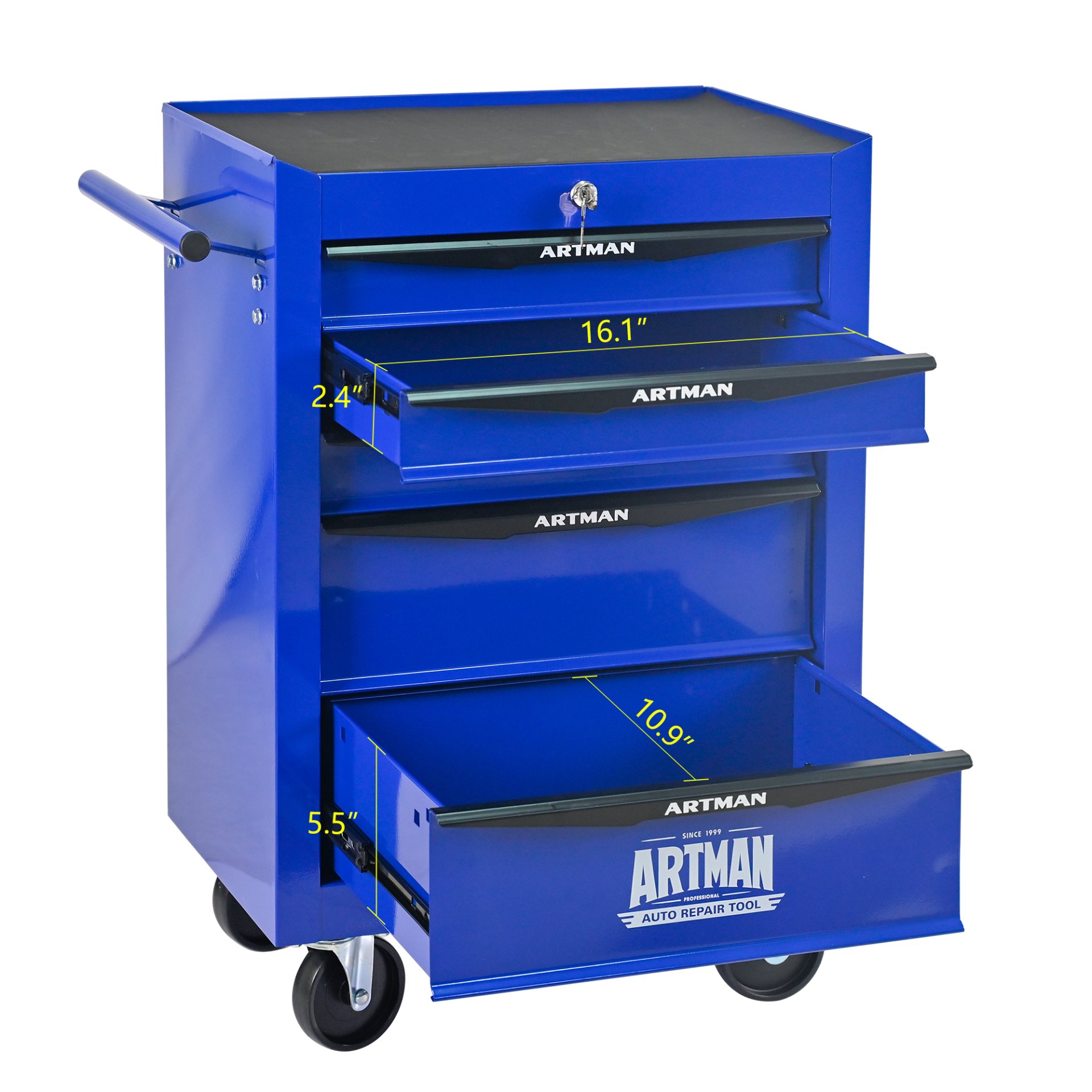 Rolling Metal Tool Chest With 5 Drawers, 20" Steel Storage Cabinet With Ball Bearing Slides - Black / Blue - Image 9