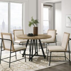 Tate - Round Dining Table With Cream Color Upholstered Chairs (Set of 5) - Oak Finish