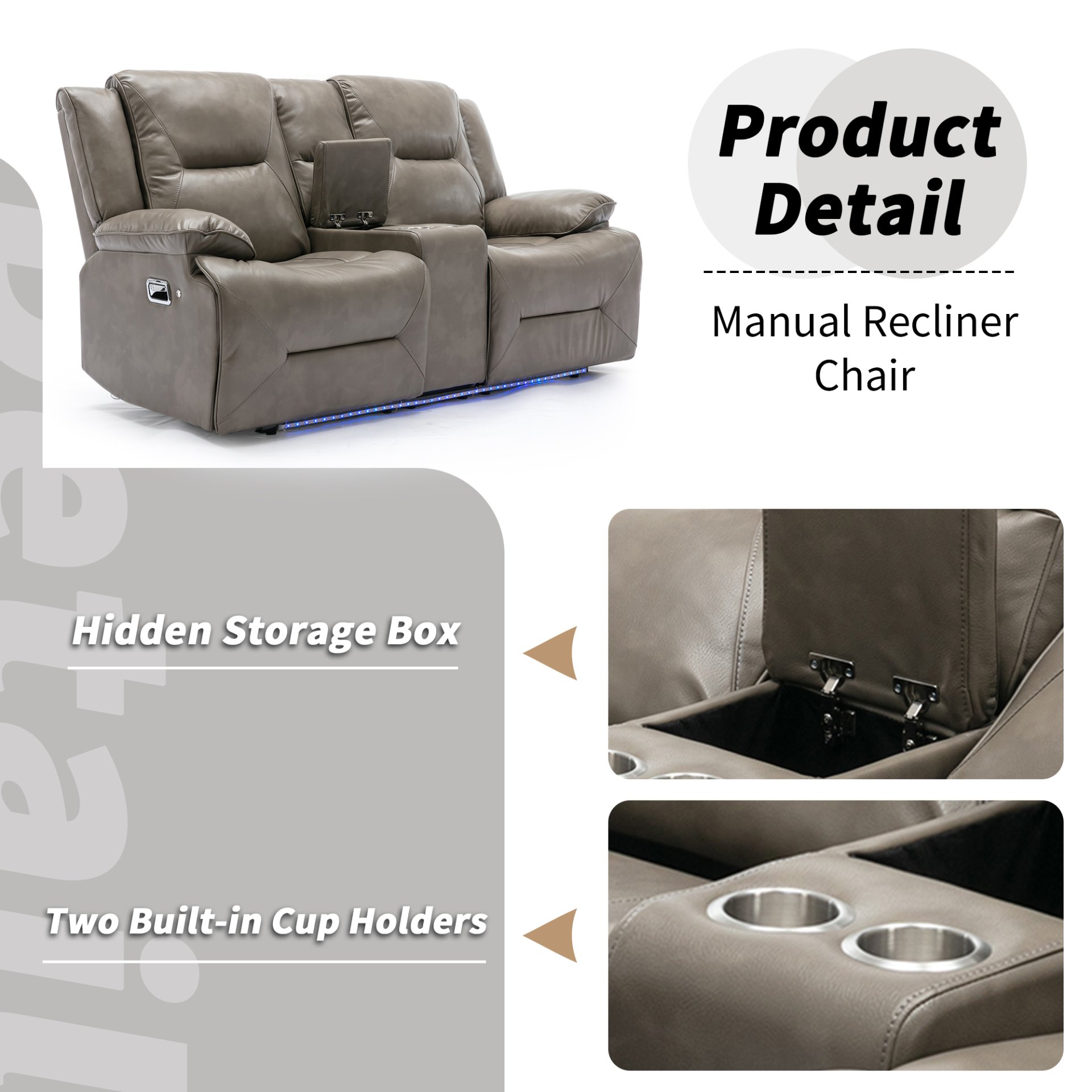 2 Seater Home Theater Recliner Manual Recliner Chair With A Led Light Strip Two Cup Holders And A Storage Box For Living Room - Gray - Image 5