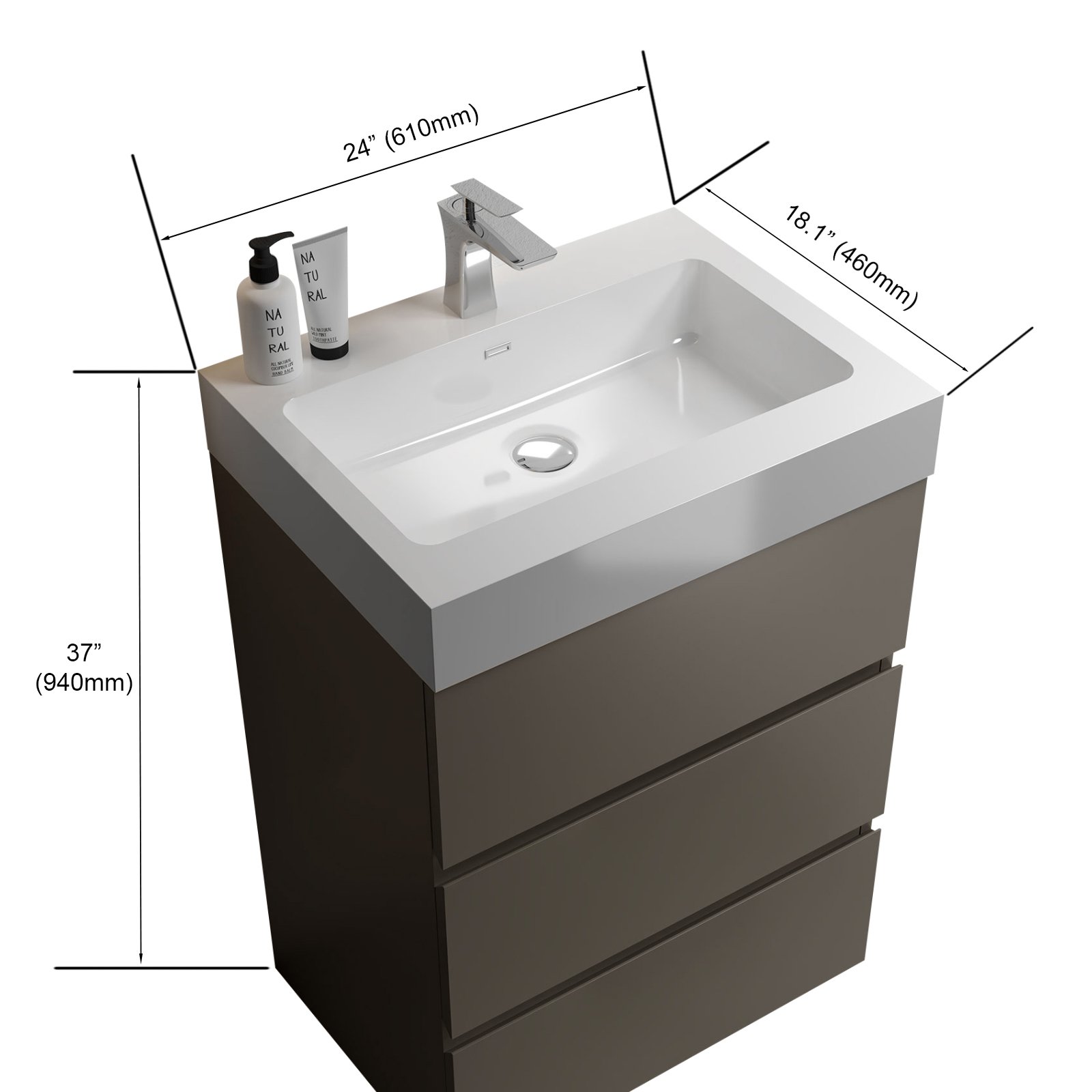 Alice - 24" Bathroom Vanity With Sink, Large Storage Freestanding Bathroom Vanity For Modern Bathroom, One-Piece Sink Basin Without Drain And Faucet - Gray / White - Image 3