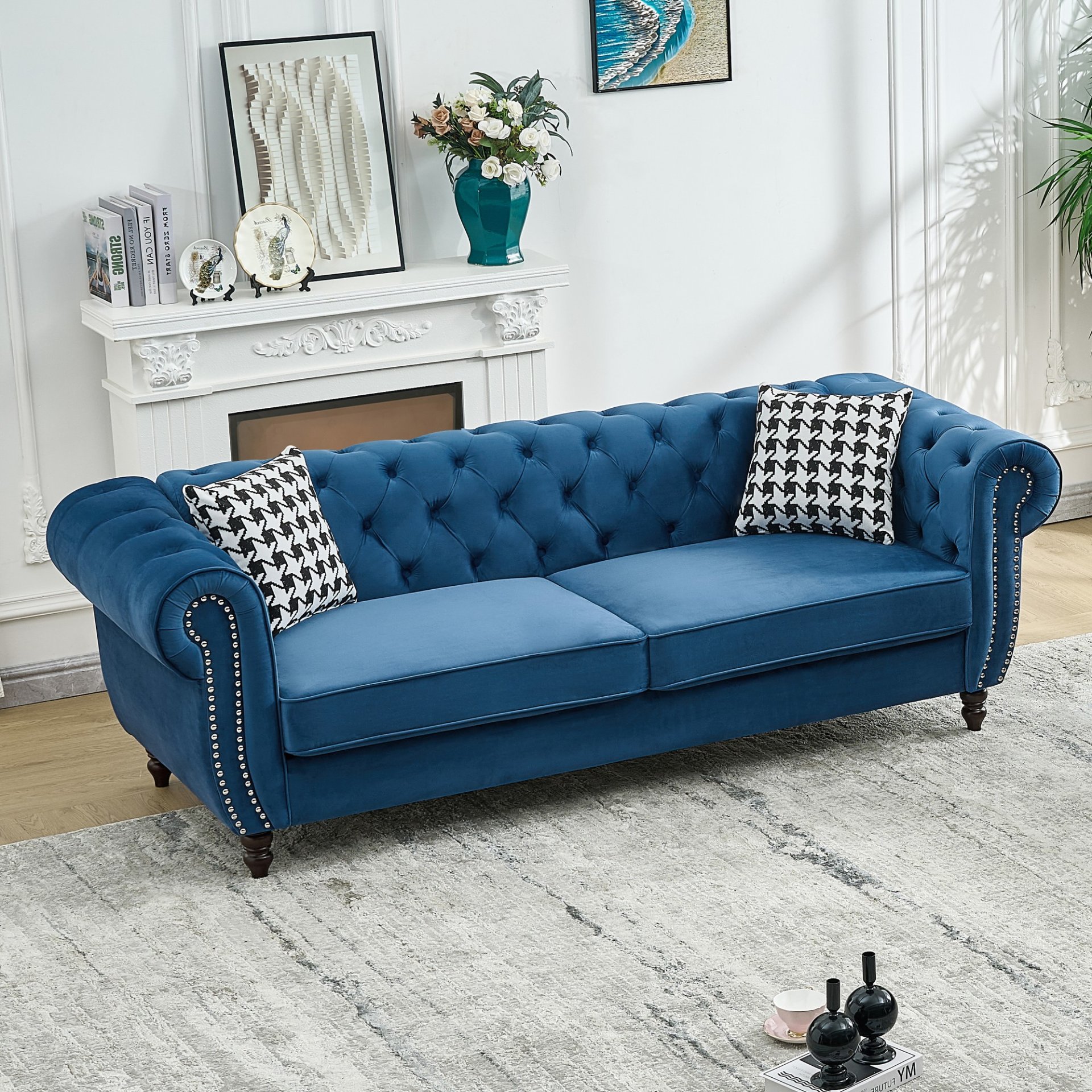 Chesterfield Sofa With Roll Armrest & Nailhead, 3 And 3 Seater Couch - Blue - Image 7
