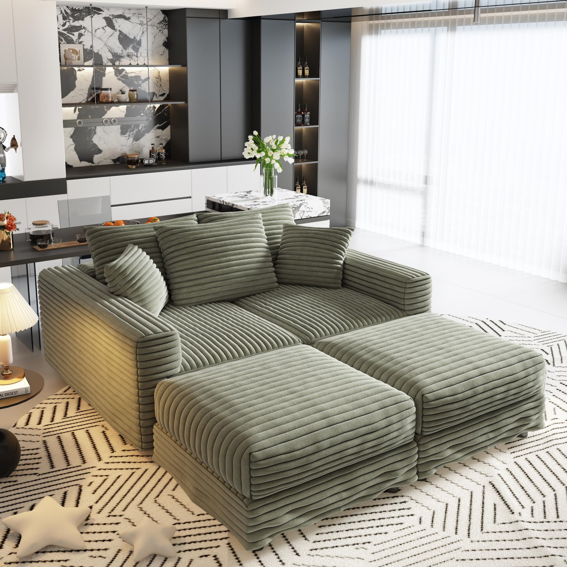 3 Seat Sofa, Deep Seat Couches With Soft Pillows And 2 Ottomans, Convertible Sofa Lounge Chair, For Living Room - Green - Image 20