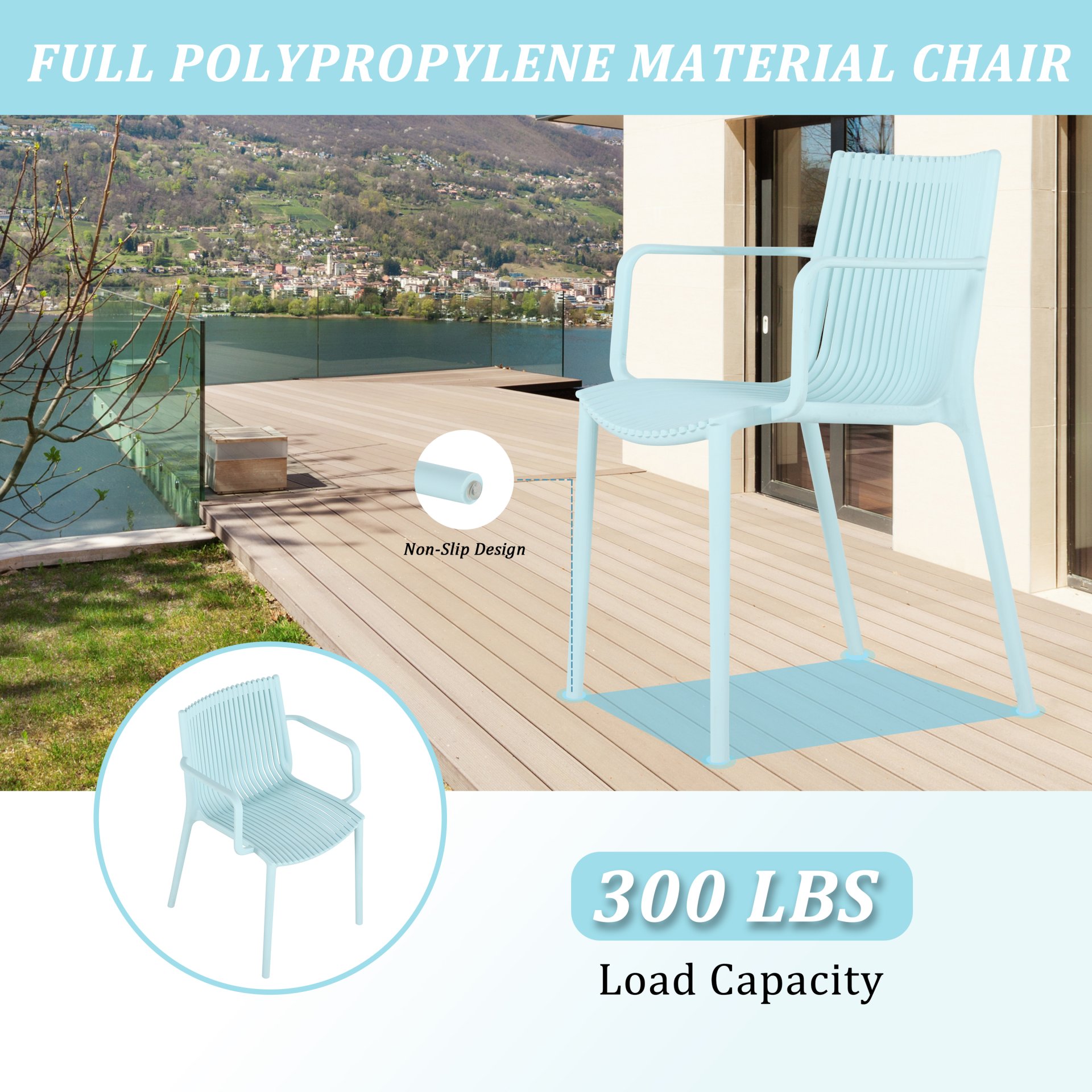 4 Piece Stackable Single Chairs With Vertical Stripe Design For All Weather - Light Blue - Image 9