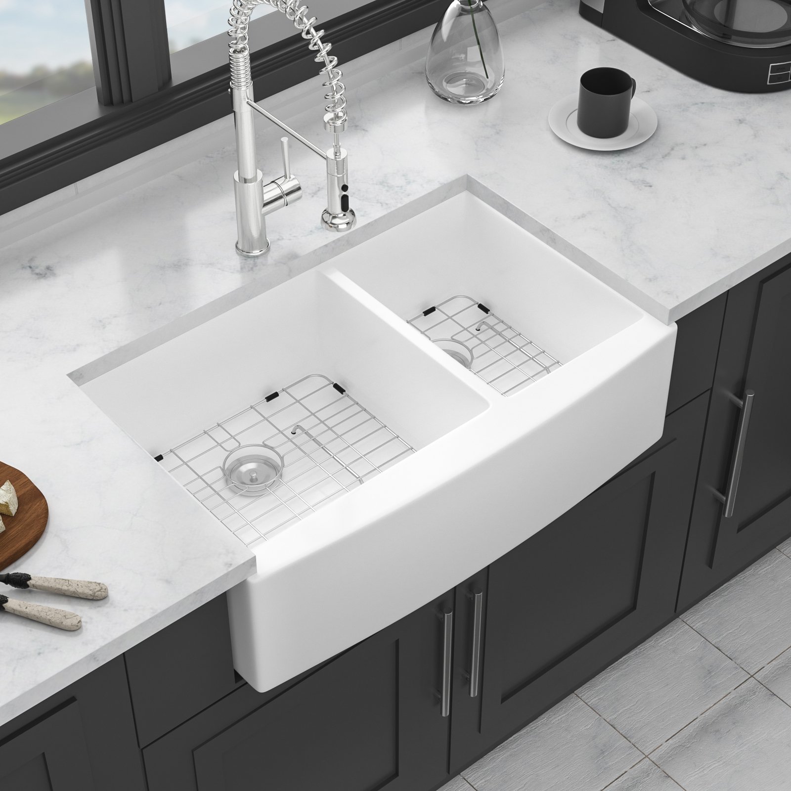 Sink 33" Double Bowl 60 / 40 Kitchen Sink With Deep Basin And Grids - White - Image 5