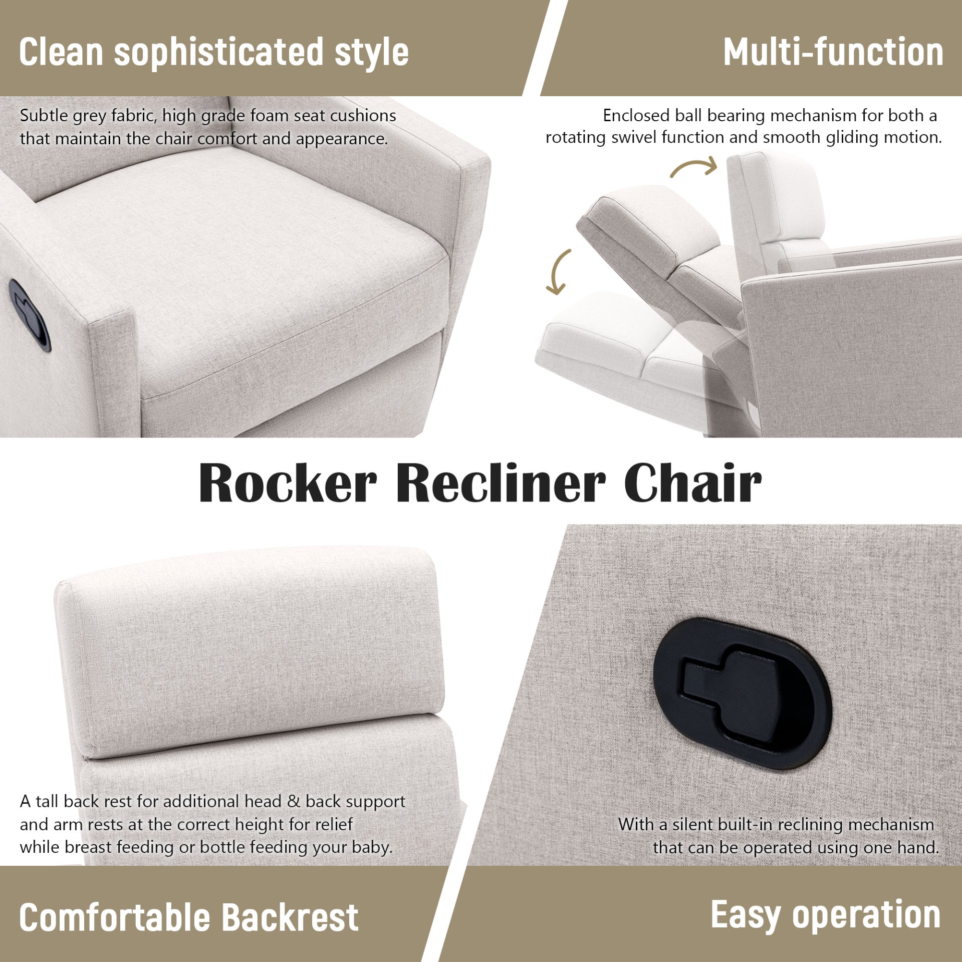 Modern Upholstered Rocker Nursery Chair Plush Seating Glider Swivel Recliner Chair - Tan - Image 6