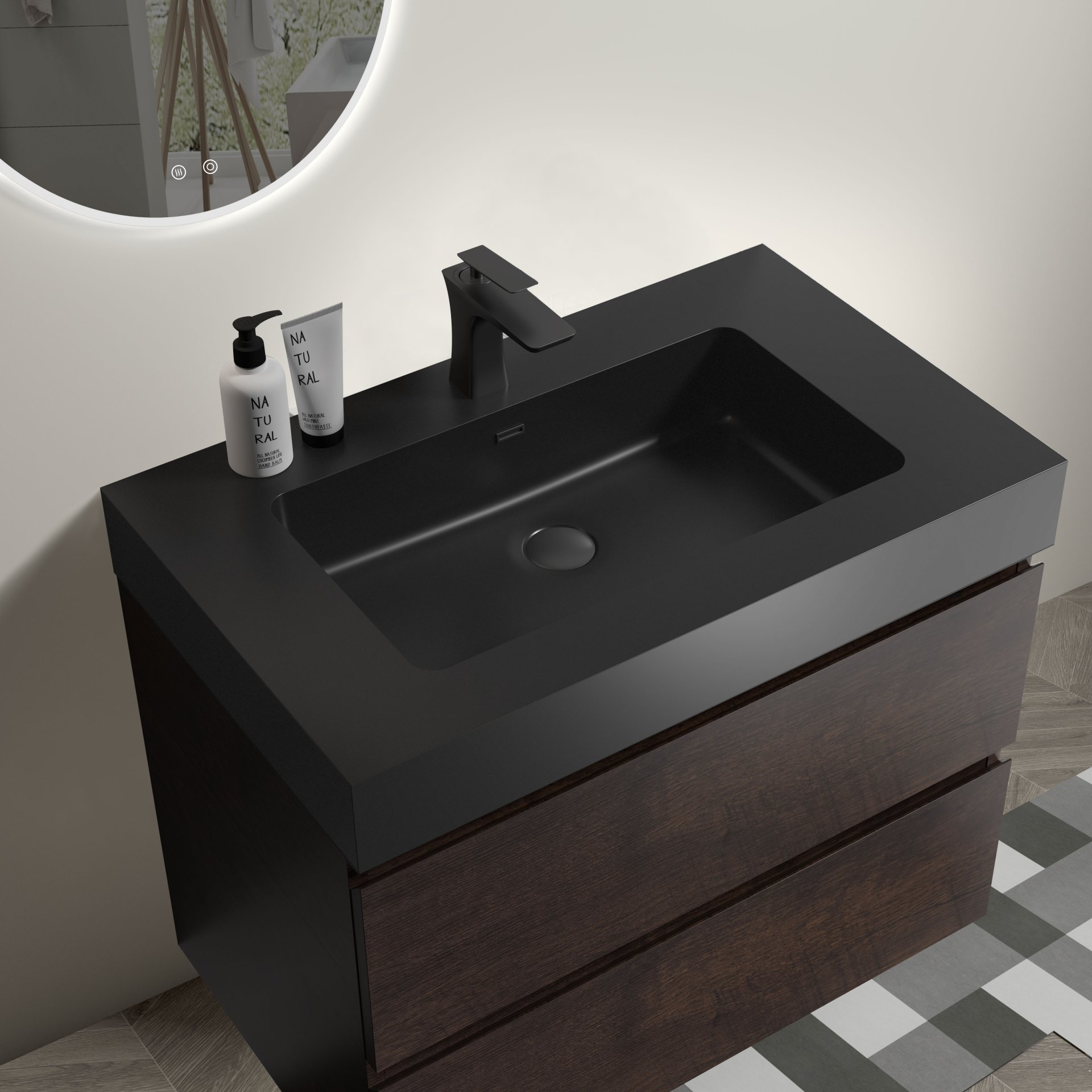 Alice - 30" Bathroom Vanity With Sink, Large Storage Wall Mounted Floating Bathroom Vanity For Modern Bathroom, One-Piece Sink Basin Without Drain And Faucet - Walnut / Black - Image 5