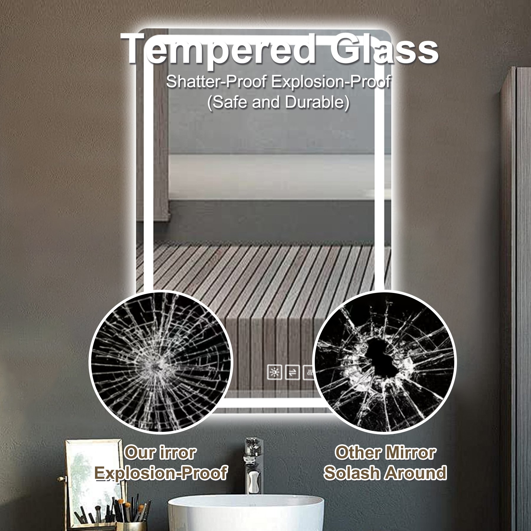 40X32" LED Bathroom Mirror Vanity Mirrors With Front Lights Wall Mounted Anti-Fog Frameless Make Up Mirror With Light Copper Free Silver Mirror Horizontal Or Vertical - Silver - Image 4