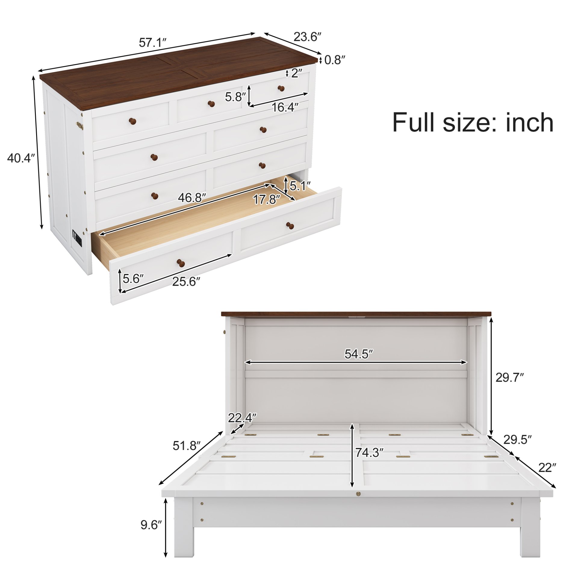 Full Solid Pine Murphy Bed Chest With Charging Station And Large Storage Drawer For Home Office Or Small Room - White / Walnut - Image 3
