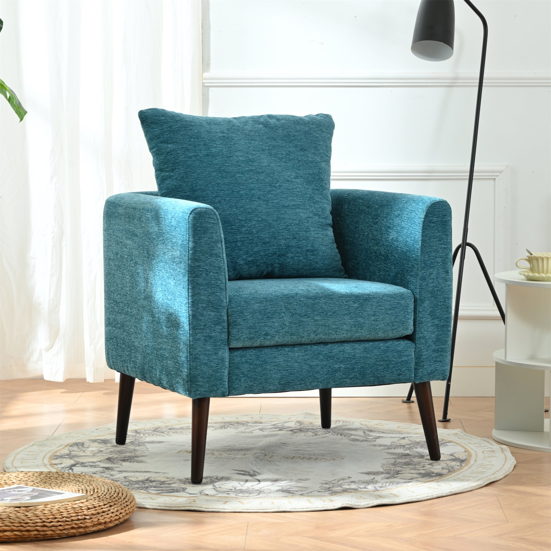 Accent Chair, Boucle Chair, Barrel Chair, Fabric Armchair Club Chair, Upholstered Arm Chair With Solid Wood Legs, Waist Pillow, Padded Single Chair For Living Room / Bedroom / Study / Waiting Room - Teal - Image 8