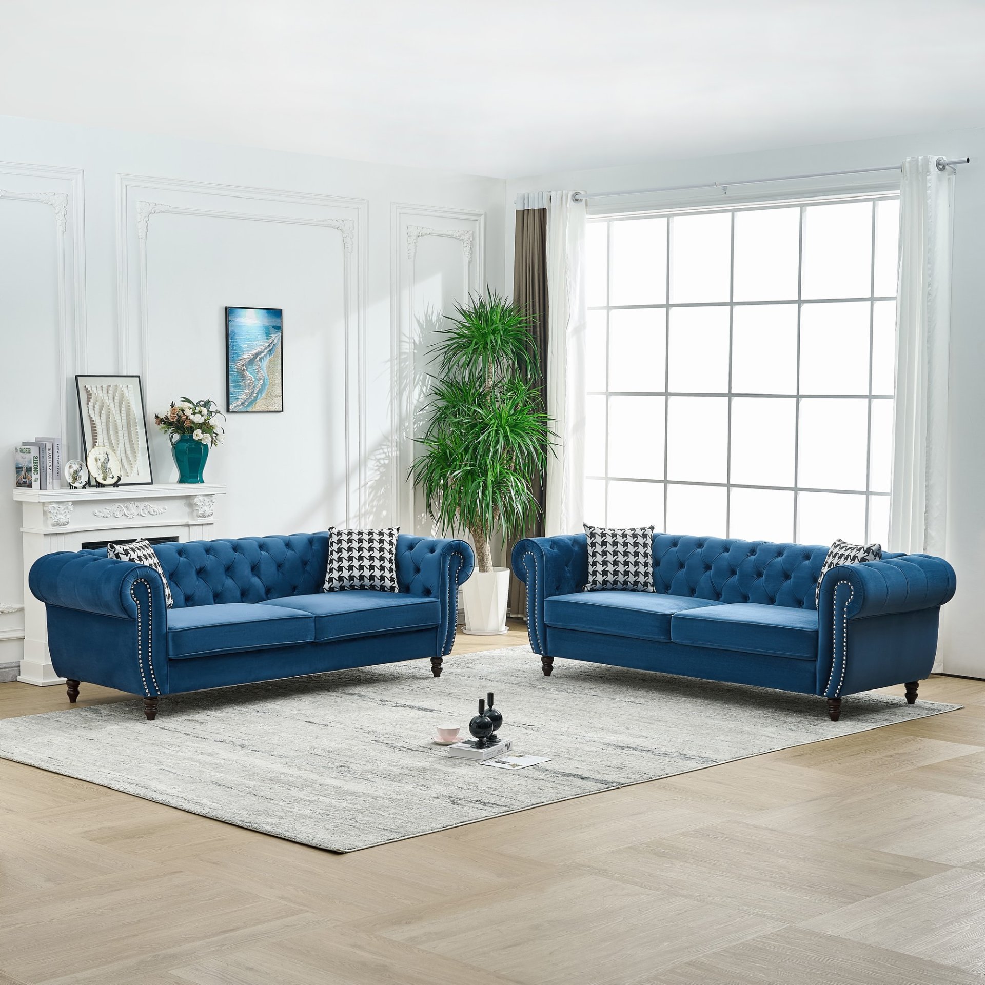 Chesterfield Sofa With Roll Armrest & Nailhead, 3 And 3 Seater Couch - Blue - Image 3