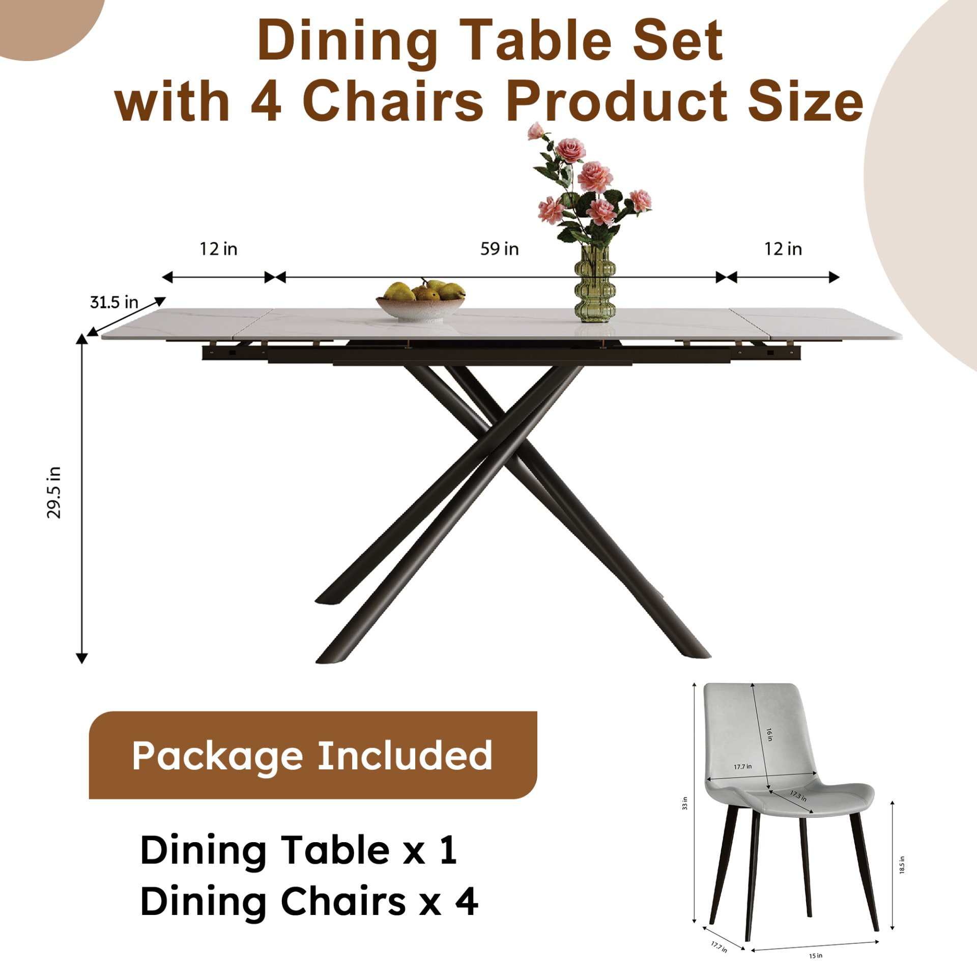 Retractable Dining Table Set With Carbon Steel Legs, Rectangular, Table And 4 Chairs - White - Image 5