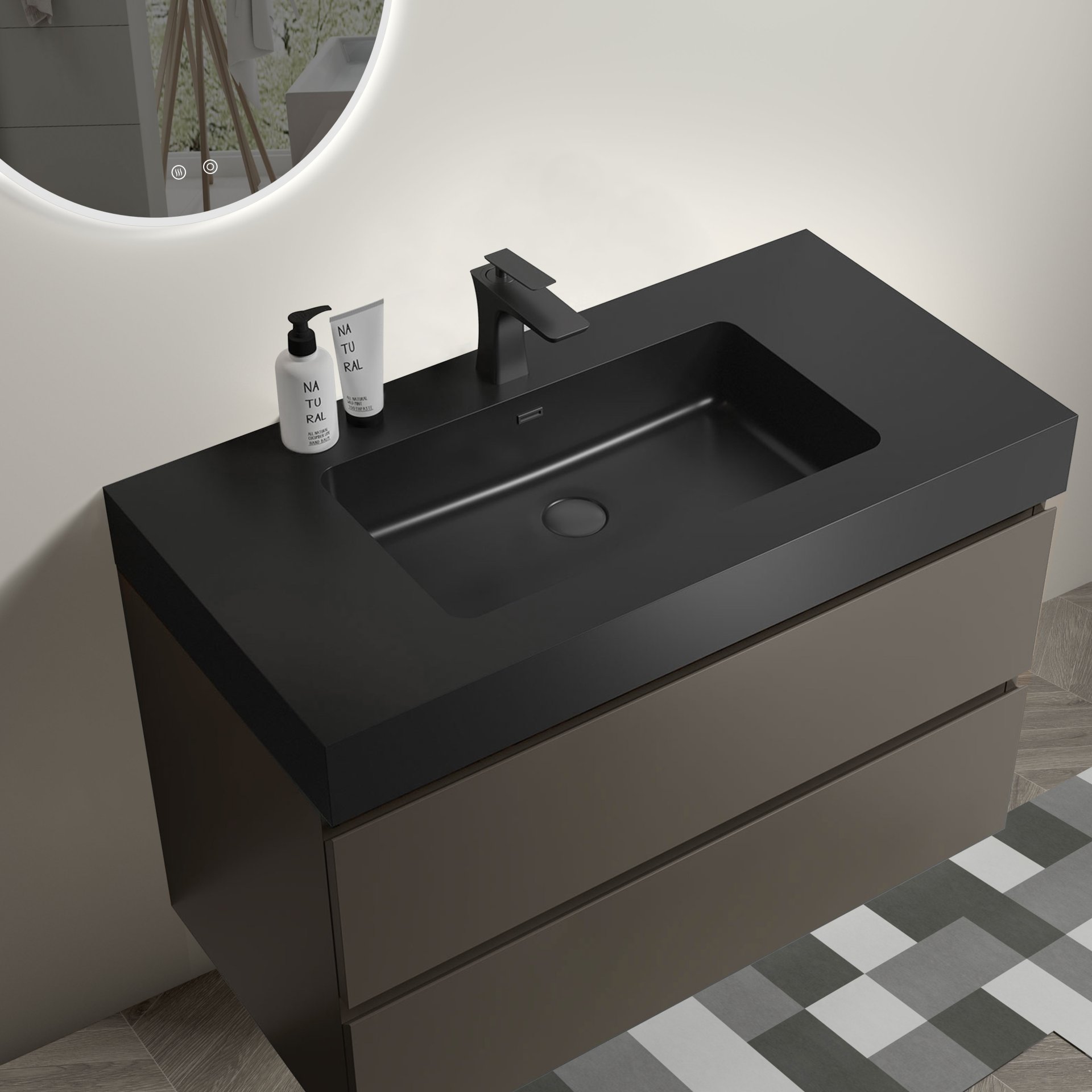 Alice - 36" Bathroom Vanity With Sink, Large Storage Wall Mounted Floating Bathroom Vanity For Modern Bathroom, One-Piece Black Sink Basin Without Drain And Faucet - Black / Gray - Image 5