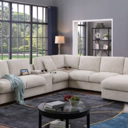 Celine - Chenille Fabric Corner Sectional Sofa With Right Facing Chaise, Cupholders, And Charging Ports - Beige