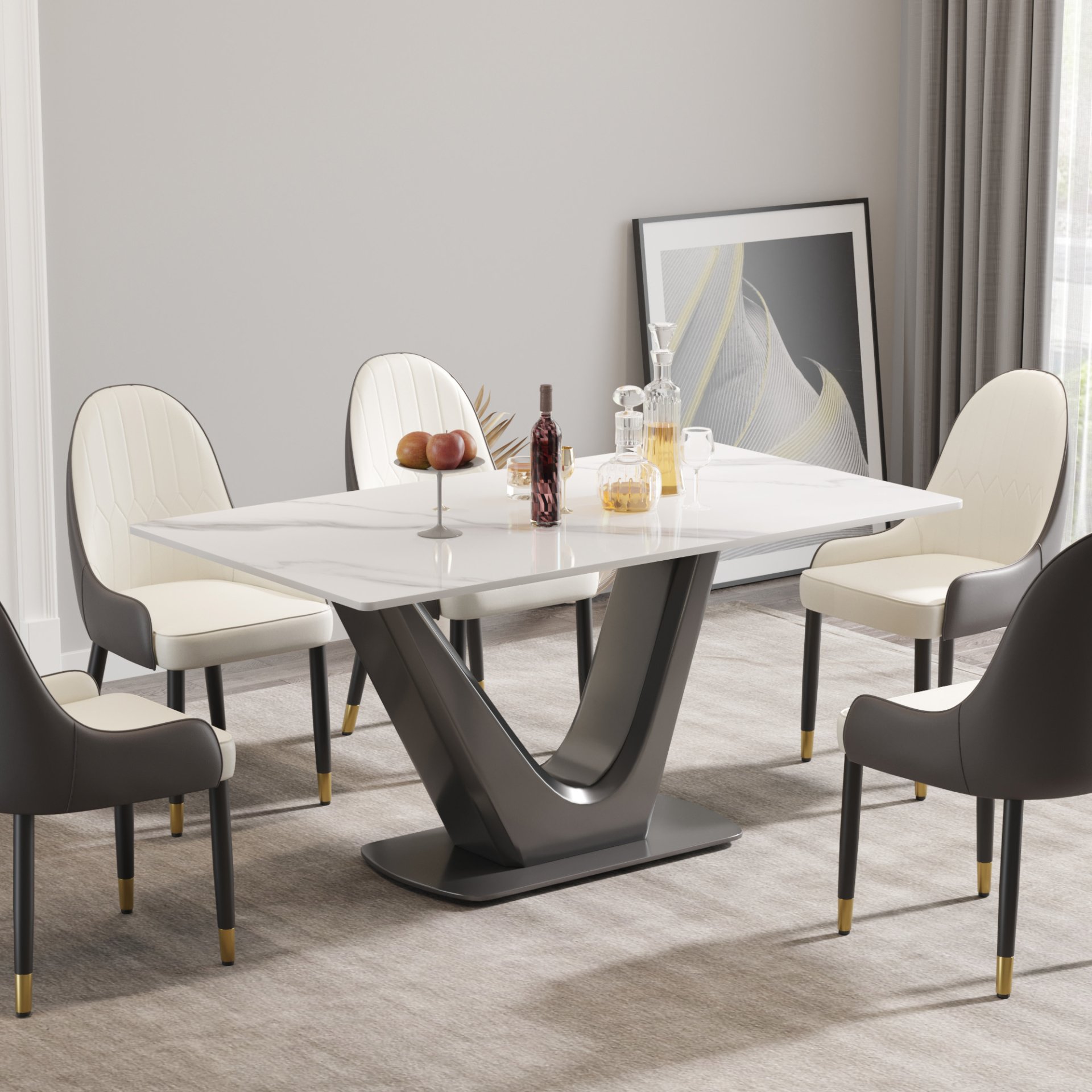 63" Modern Artificial Stone Panel V-Shaped Metal Legs, Can Accommodate 6-8 People - White / Gray - Image 2