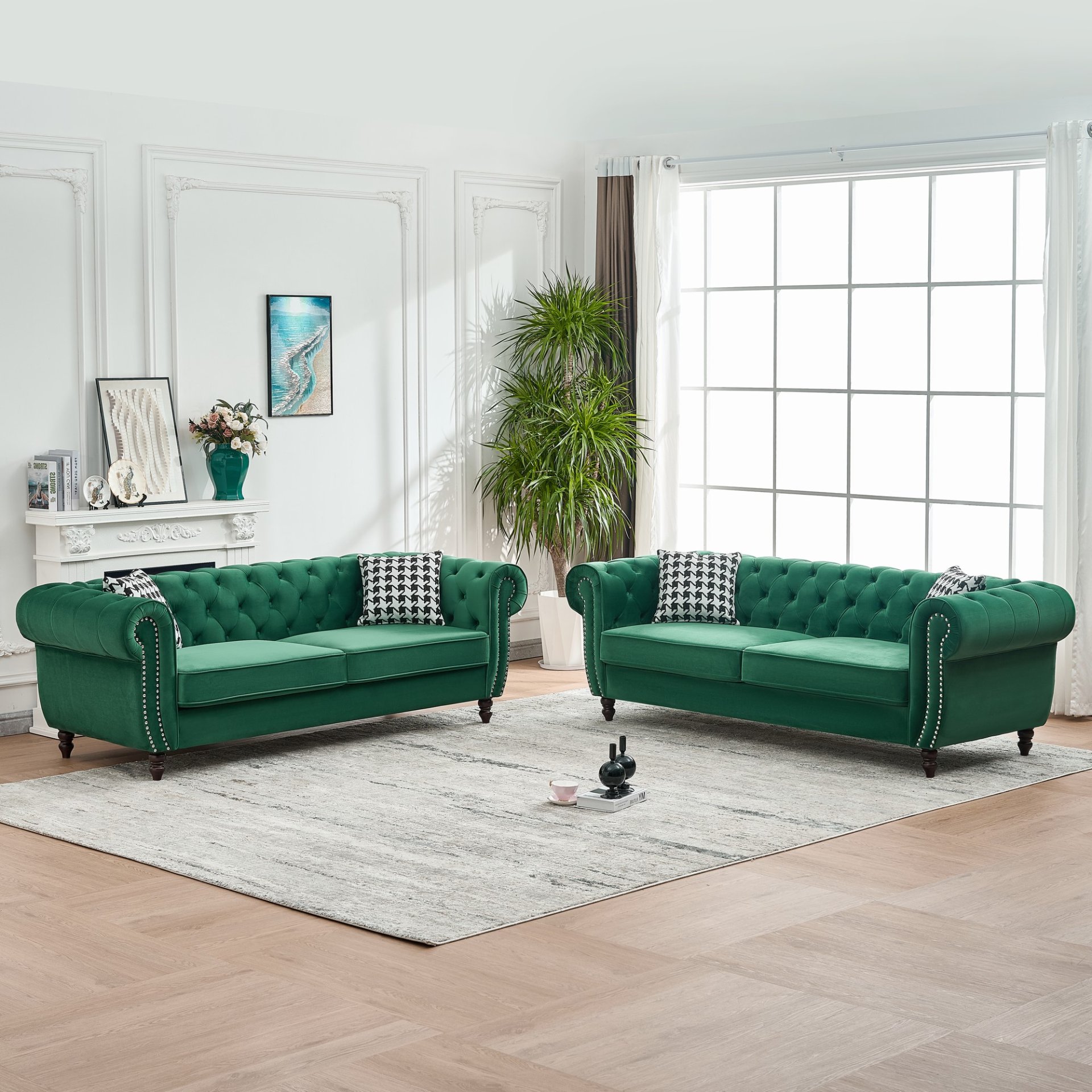 Chesterfield Sofa With Roll Armrest & Nailhead, 3 And 3 Seater Couch - Green - Image 2