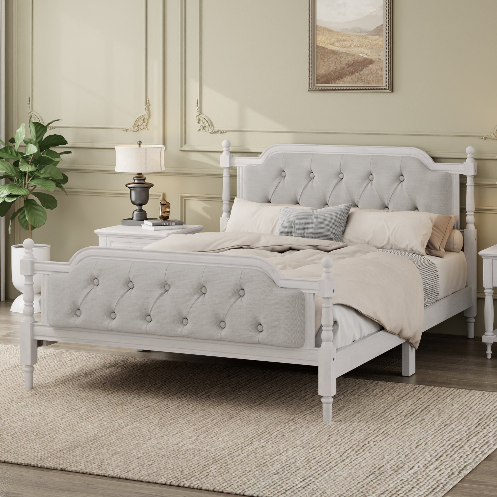 Full Size Traditional Style Solid Bed Frame With Upholstered Tufted Headboard, No Box Spring Needed - Antique White - Image 4