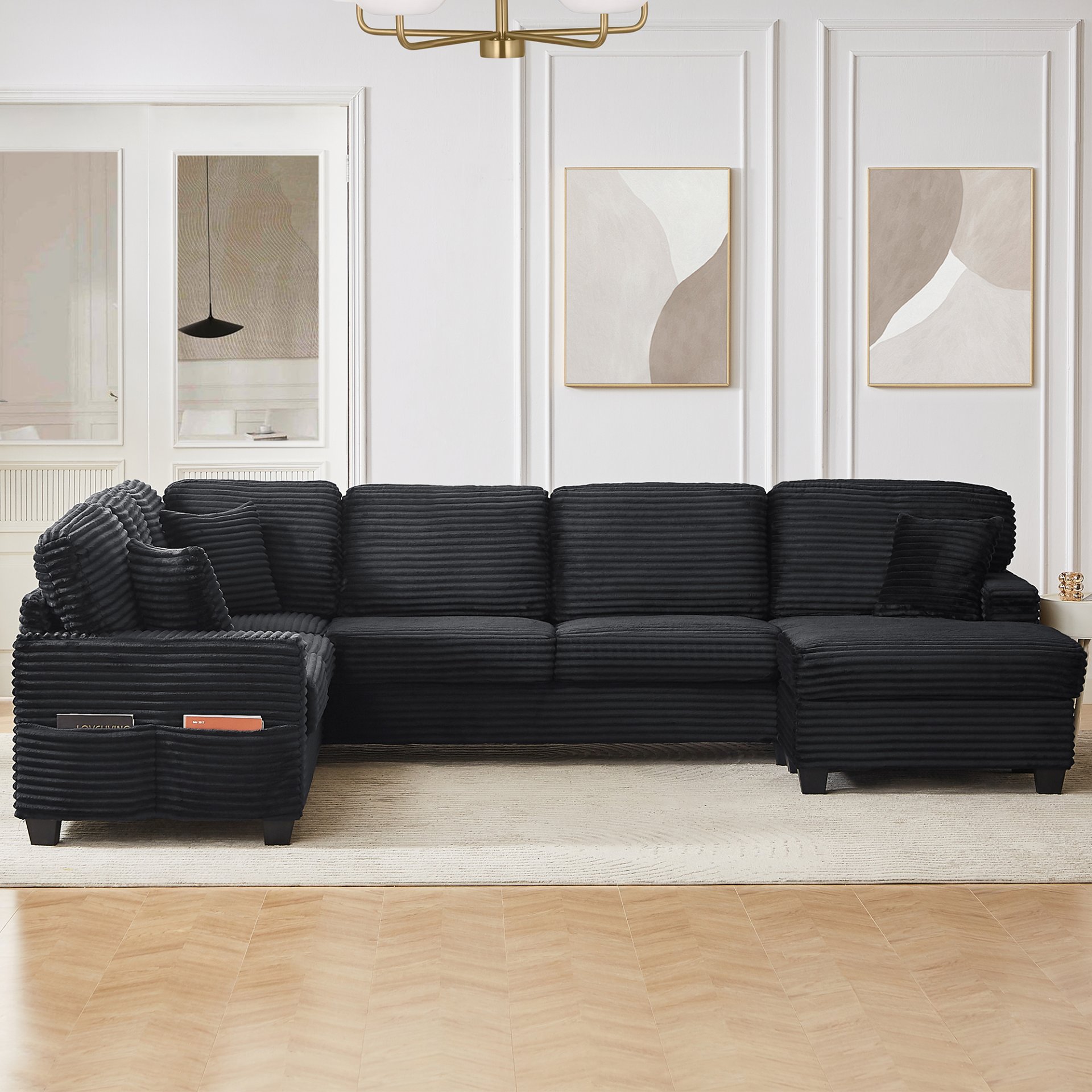 Upholstered U Shaped Sectional Sofa With Movable Ottoman And Side Storage Pockets - Black - Image 5