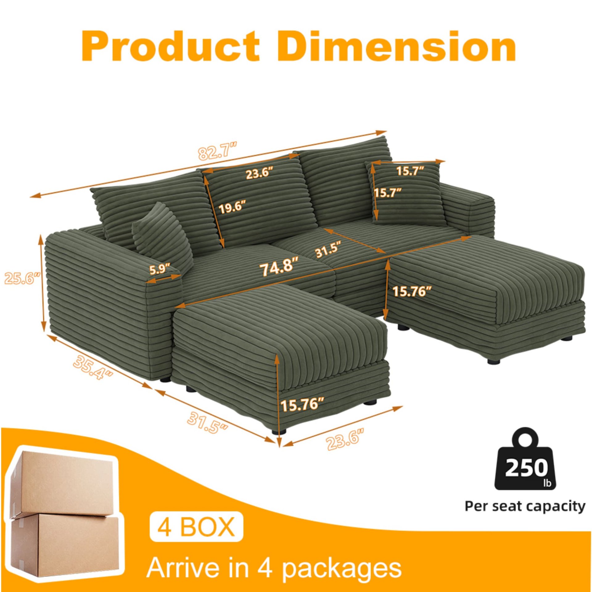 3 Seat Sofa, Deep Seat Couches With Soft Pillows And 2 Ottomans, Convertible Sofa Lounge Chair, For Living Room - Green - Image 14