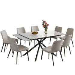 Retractable Dining Table Set With Carbon Steel Legs, Includes 8 Chairs - White