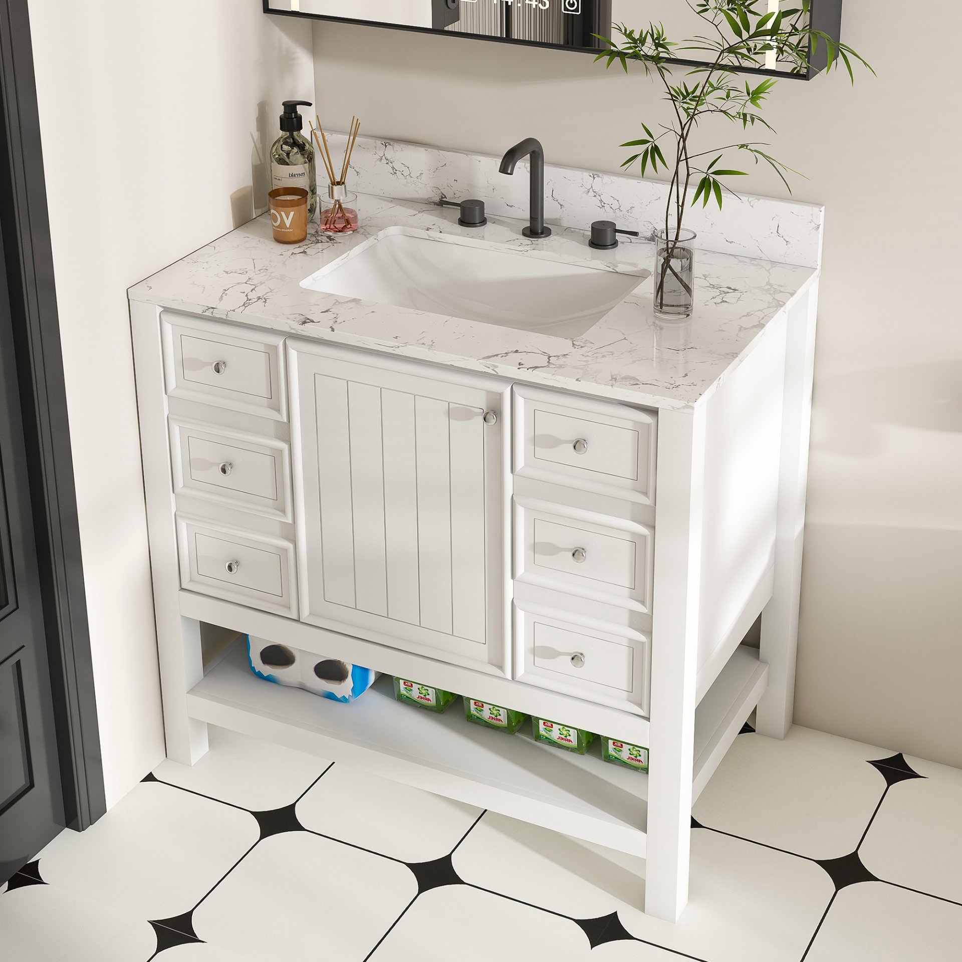 37" Bathroom Vanity With Artificial Marble Carrara Top, Multi Functional Cabinet With Doors And Drawer - White - Image 4