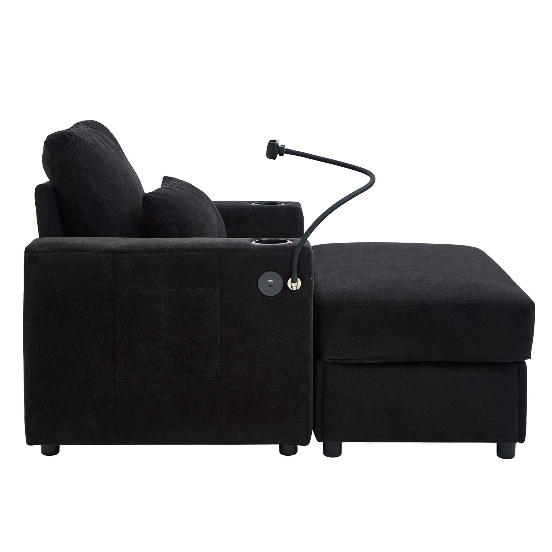 Modern Style Armchair Chaise Lounge Sofa Couch With Movable Storage Ottoman, USB Ports, Cup Holders & Side Pockets Chenille - Black - Image 19