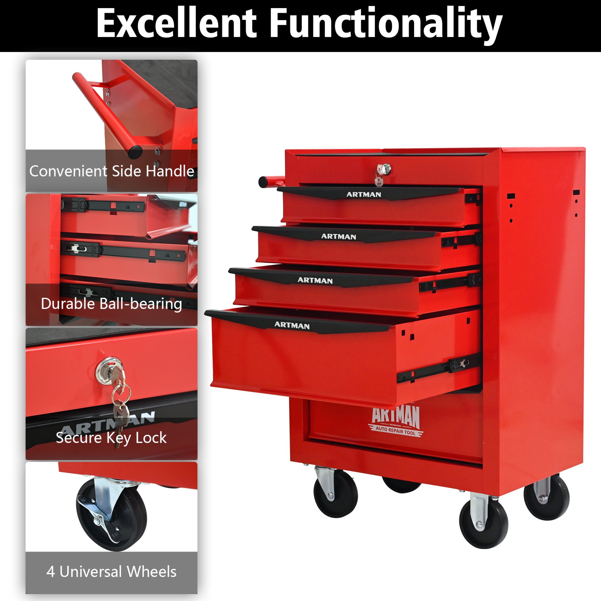 Rolling Metal Tool Chest With 5 Drawers, 20" Steel Storage Cabinet With Ball Bearing Slides - Red / Black - Image 6