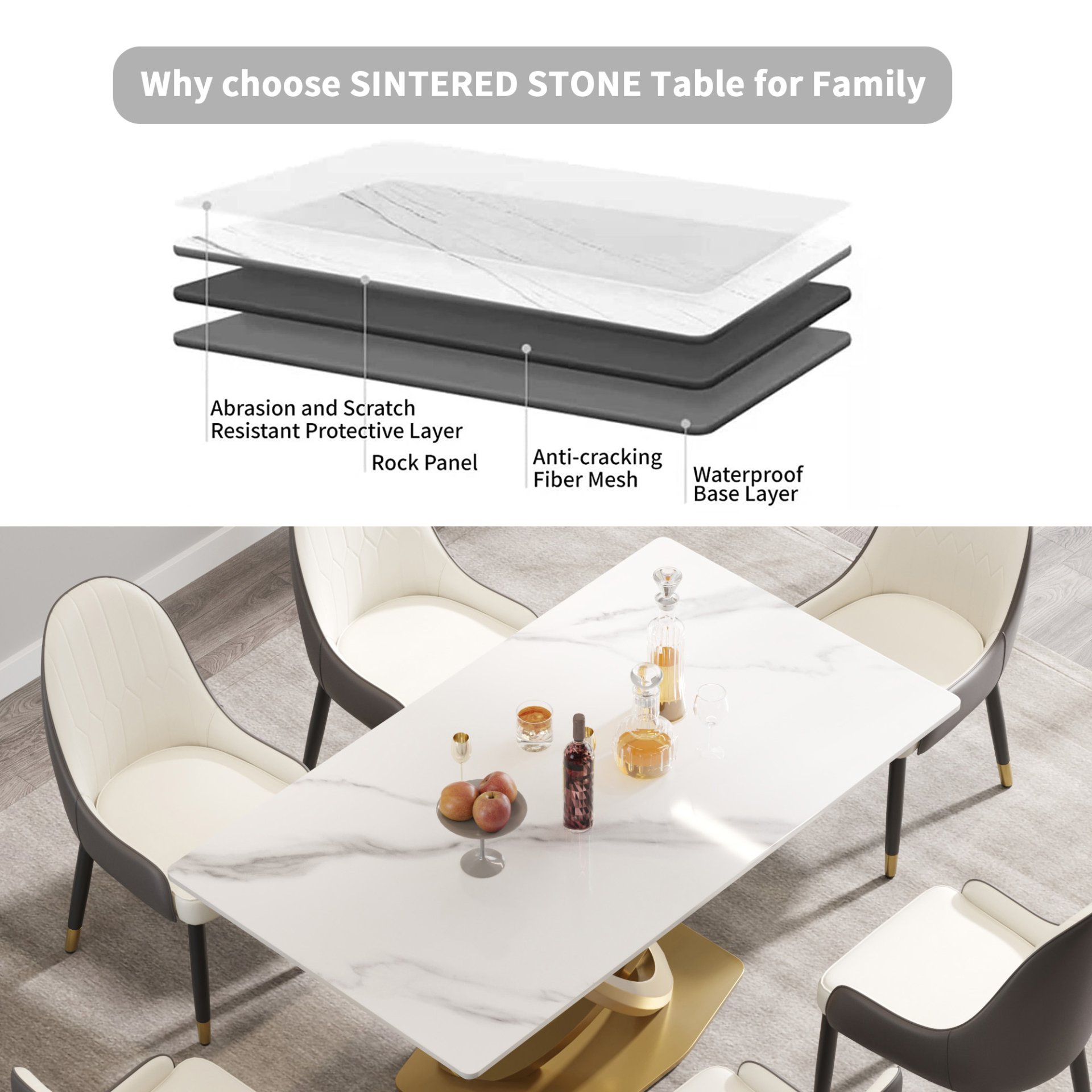 63" Modern Artificial Stone Panel Double-Ring Stainless Steel Metal Legs, Can Accommodate 6-8 People - White / Gold - Image 6