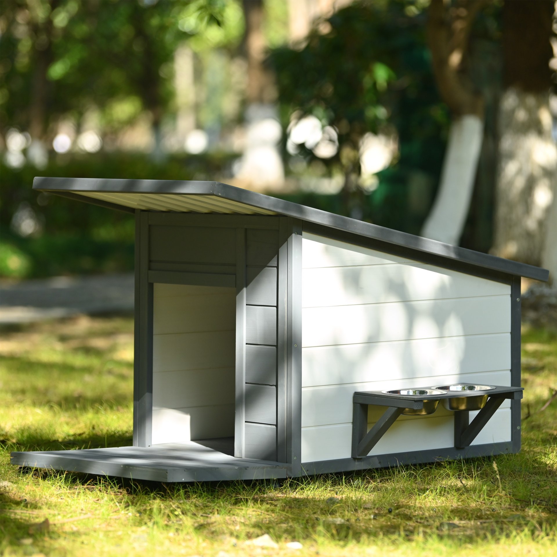 Modern Design Outdoor Dog House With Food Bowl And Wheels Pine - Gray / White - Image 2