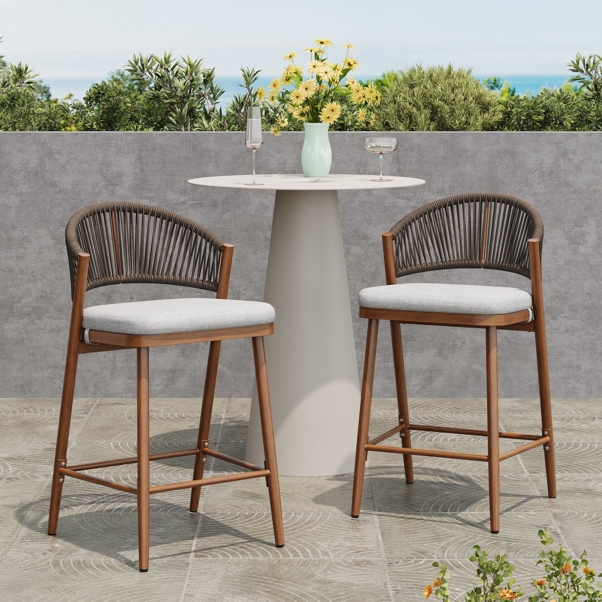 Outdoor Counter Height Aluminum Frame Counter Stools With Scallop Shaped Backrest & Water Resistant Cushions (Set of 2) - Teak - Image 2