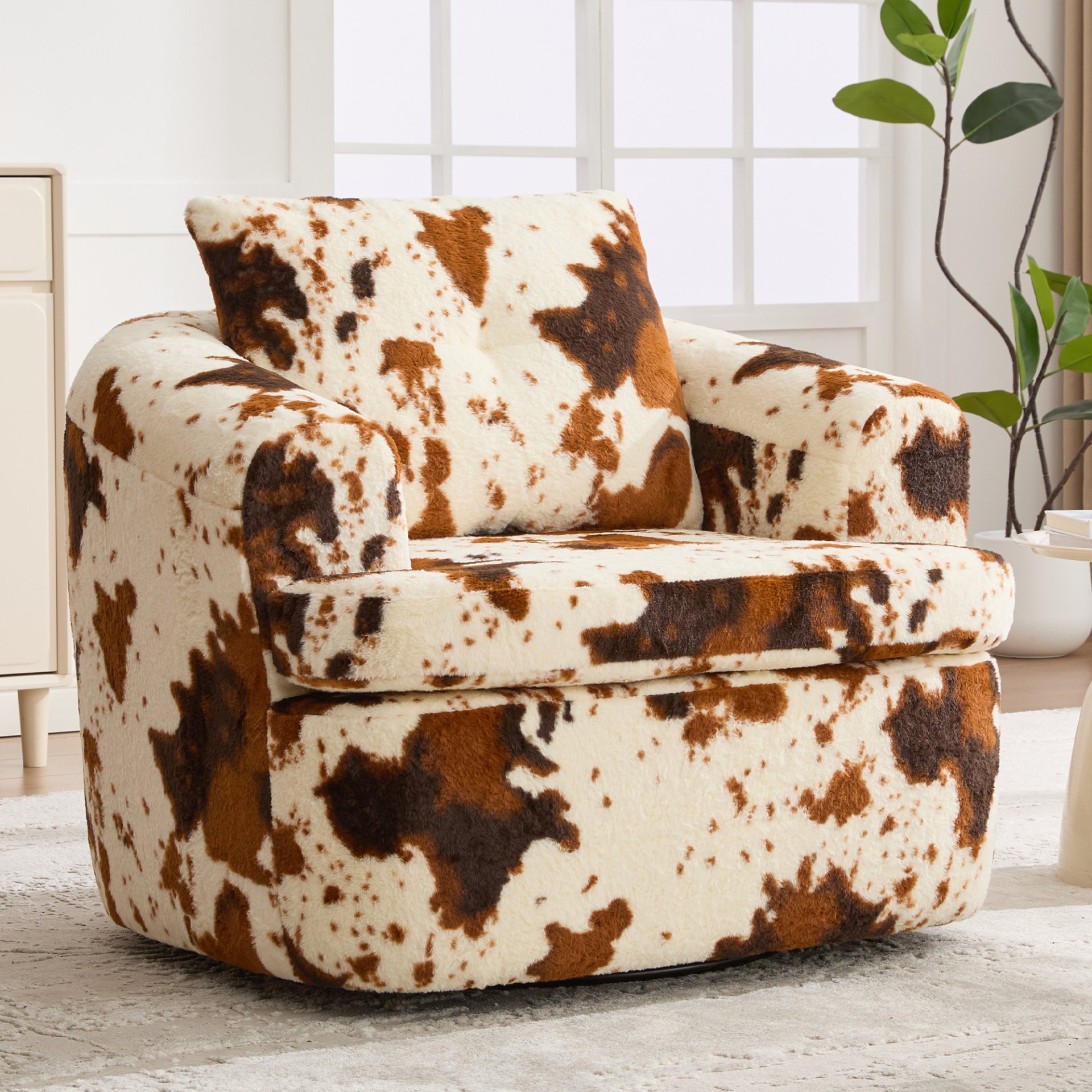 360° Swivel Accent Barrel Chair With Dual Layer Cushion, Round Seating For Living Room - Beige / Brown - Image 6