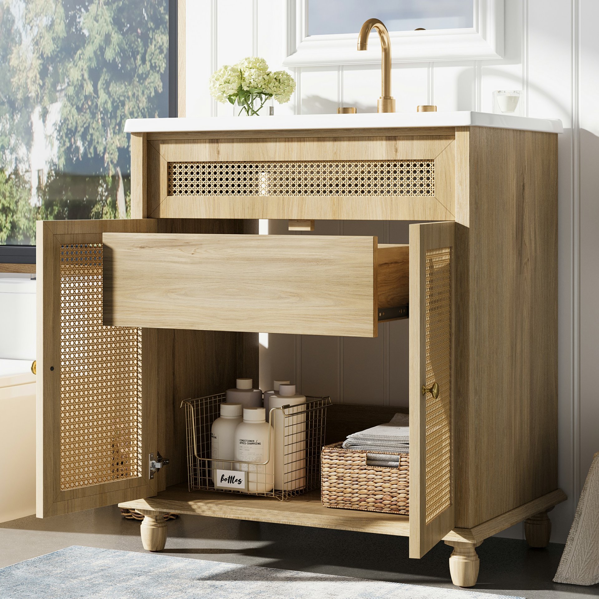 Bathroom Vanity With Handwoven Rattan Doors, Resin Basin - Natural Wood - Image 4