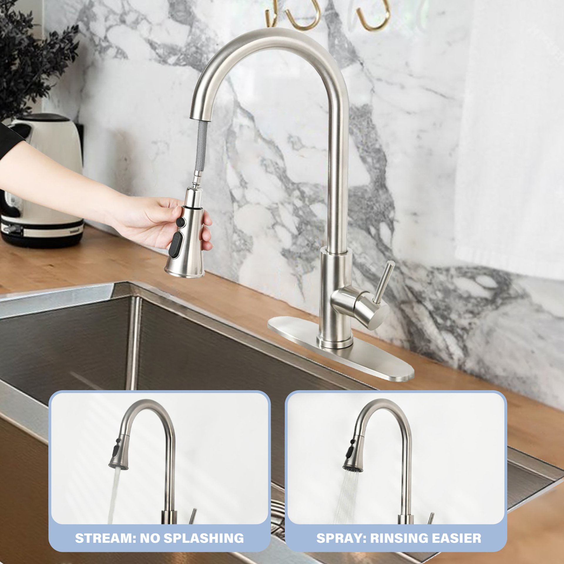 Classic High Arc Kitchen Faucet With Pull Down Sprayer, Stainless Steel - Brushed Nickel - Image 6