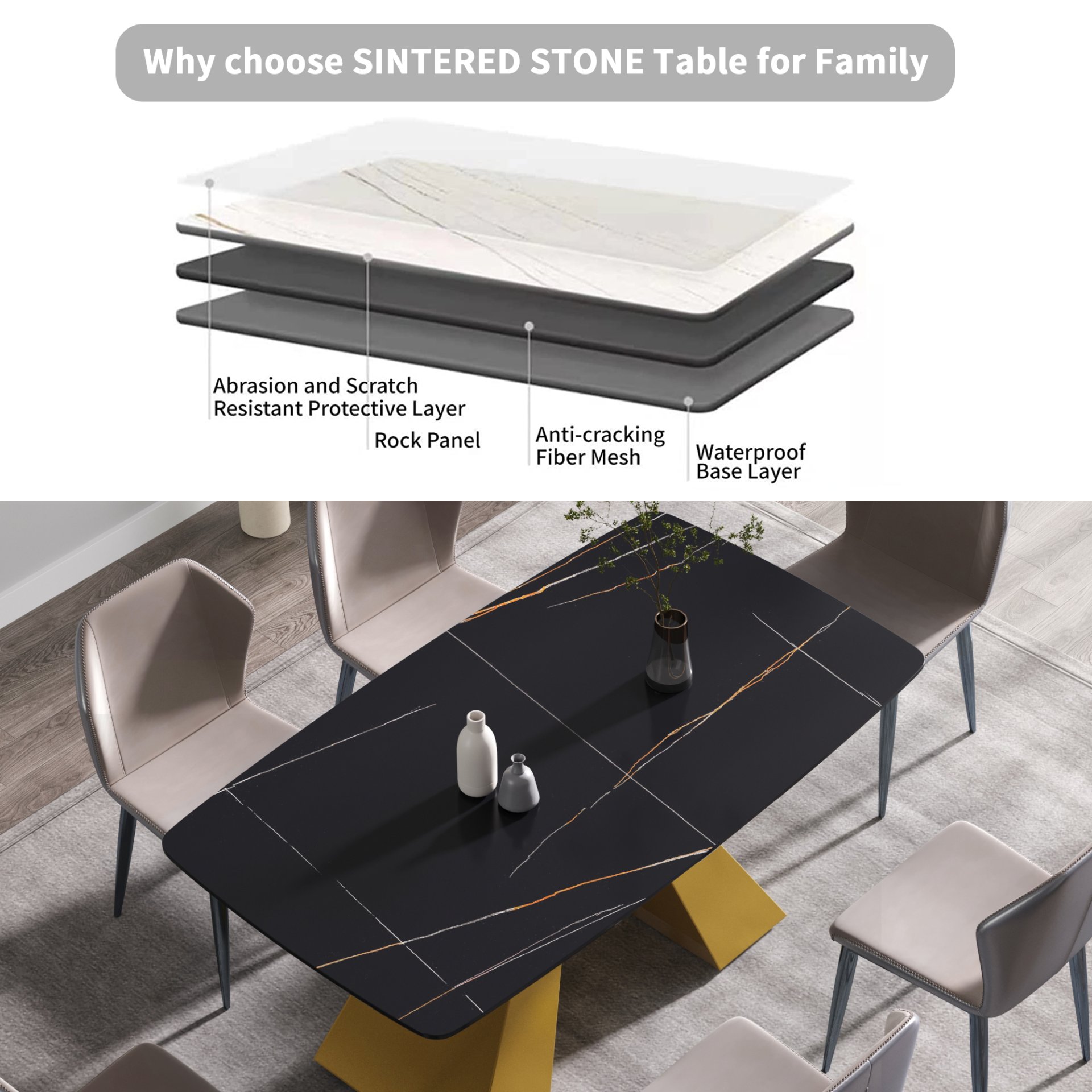 63" Artificial Stone Black Curved Golden Metal Leg Dining Table, 6 People - Black / Gold - Image 11