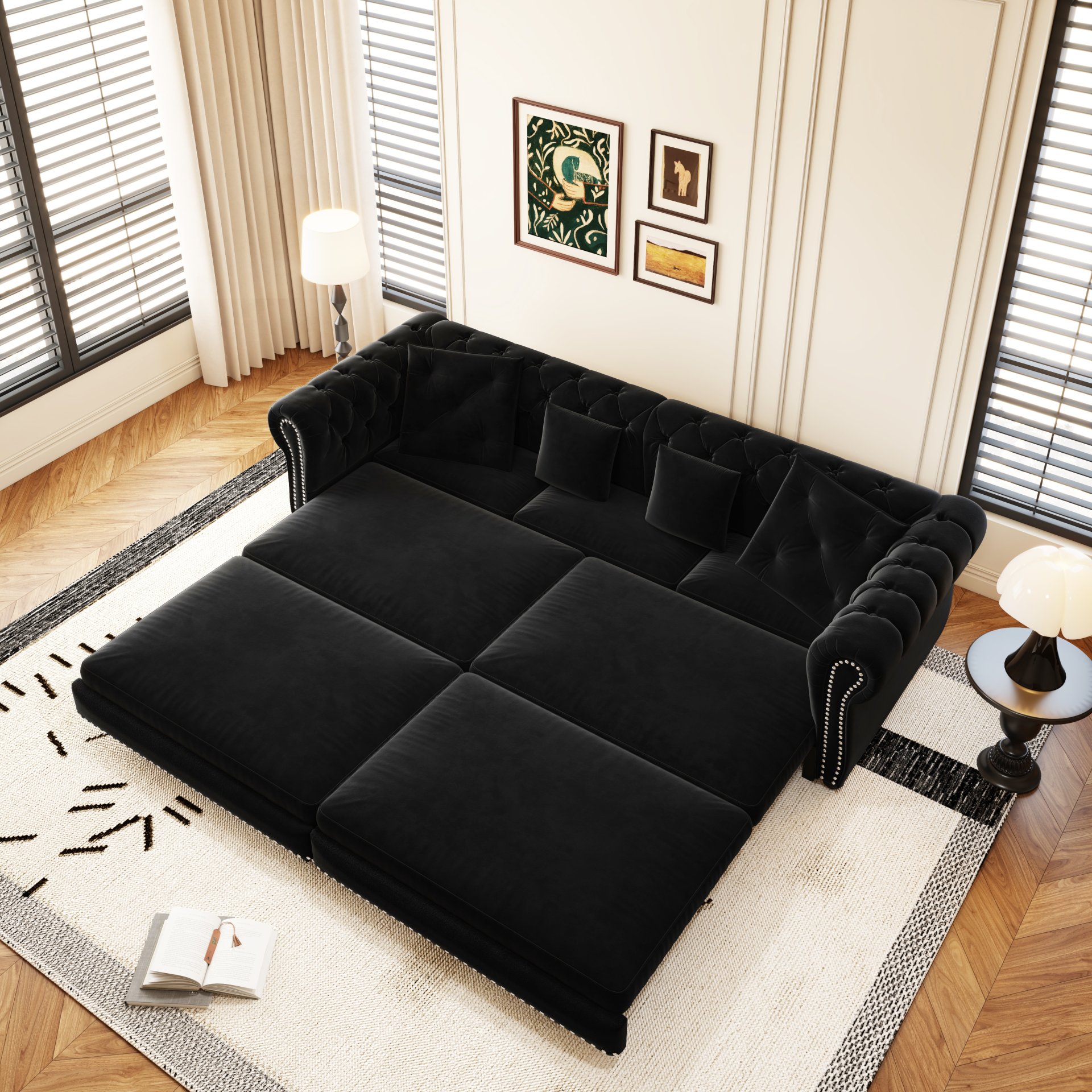 3 In 1 Pull Out Sofa Bed, King Size Sofa Bed, 3 Seater Sofa With Movable Ottoman, Tufted Design, Suitable For Living Rooms - Black - Image 2