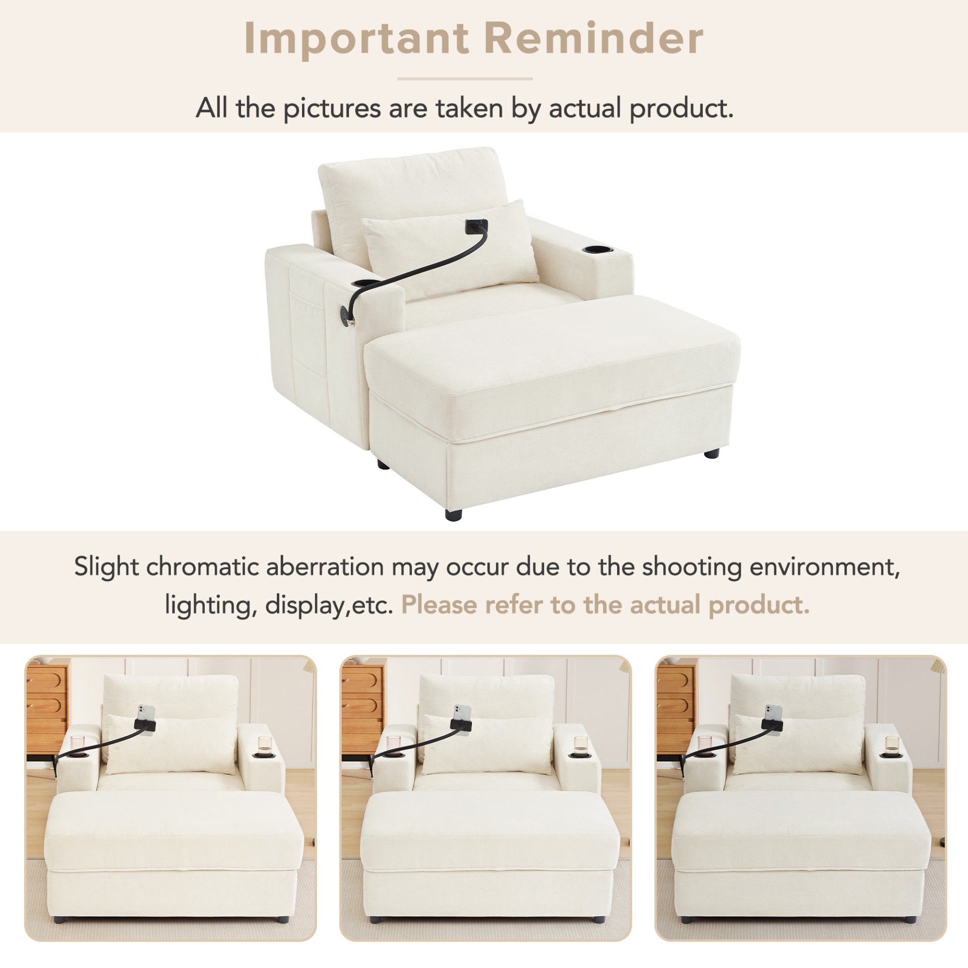 Modern Style Armchair Chaise Lounge Sofa Couch With Movable Storage Ottoman, USB Ports, Cup Holders, Phone Holder Chenille - Beige - Image 8