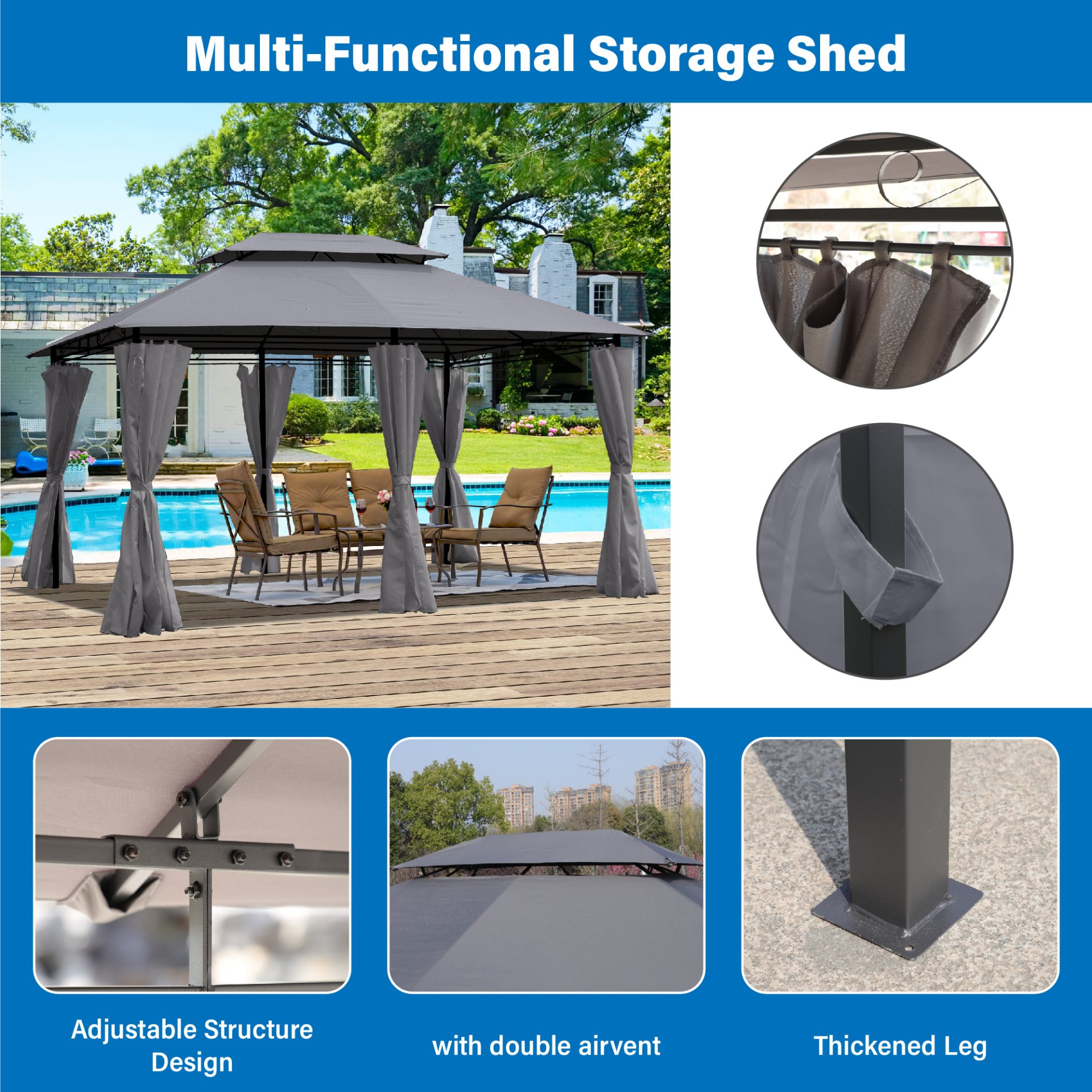 13 0 Ft Outdoor Patio Gazebo Canopy Tent With Ventilated Double Roof And Side Wall (Detachable Curtain Included On All Sides) Suitable For Lawn Garden Backyard And Deck - Gray - Image 20