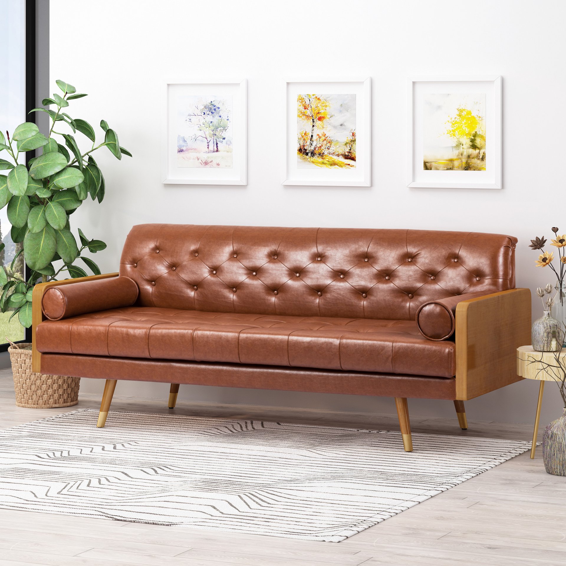 Adelaide - Mid Century Modern Tufted Sofa With Rolled Accent Pillows - Light Brown - Image 4