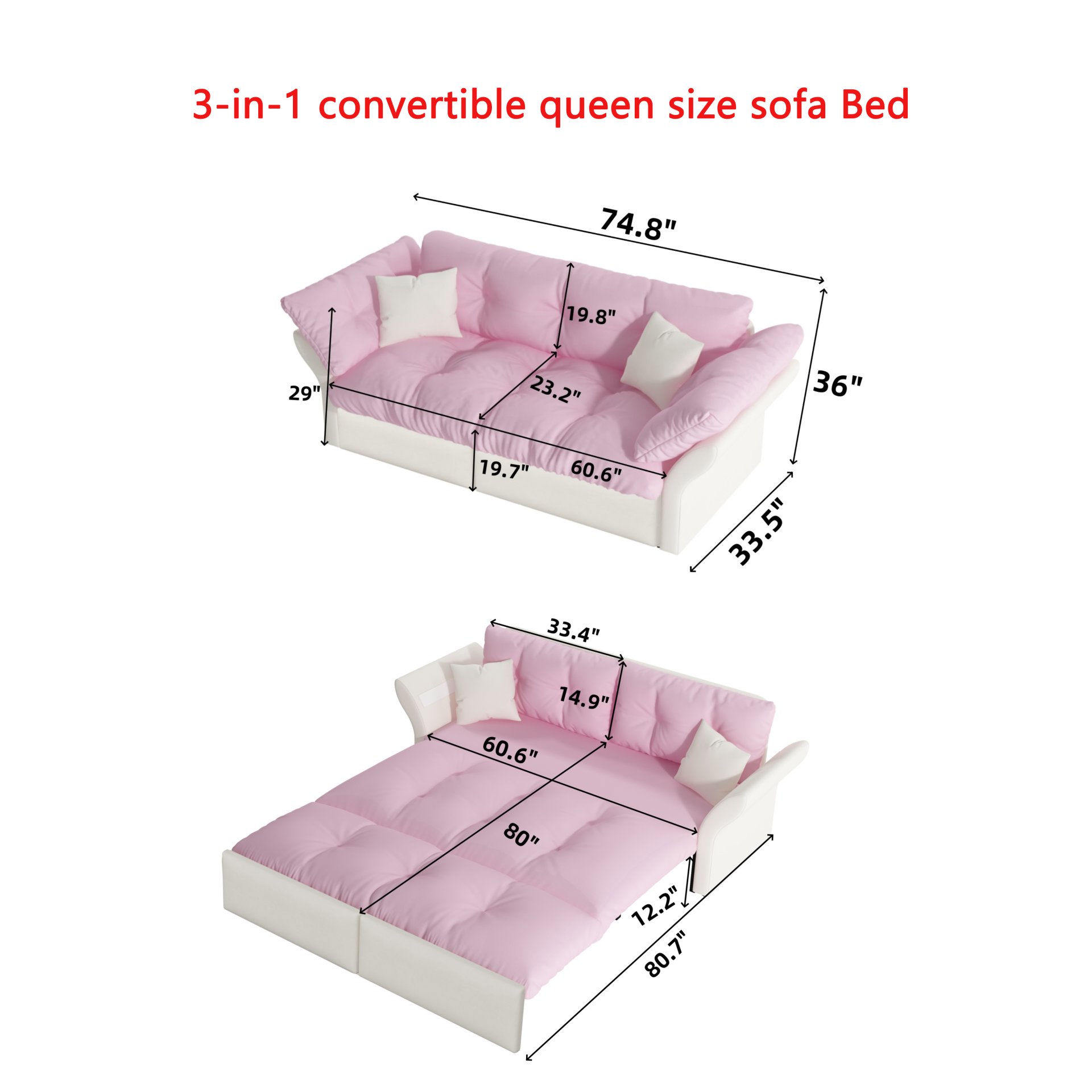 Queen Pull Out Sofa Bed, 3 In 1 Convertible Sleeper Tufted Sofa & 2 Soft Pillows - Pink - Image 3